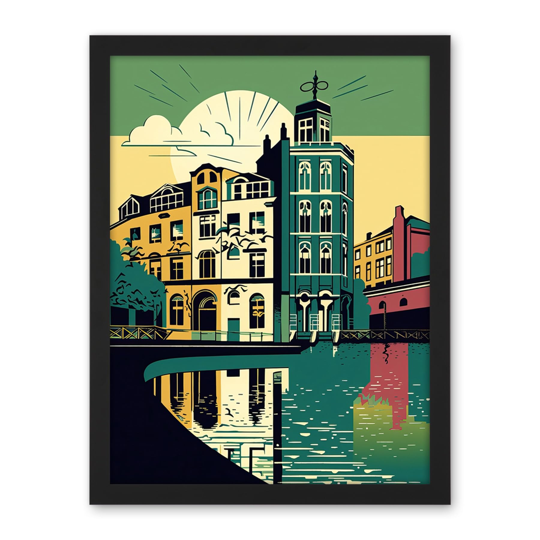 Artery8 Leeds City Architecture Waterfront Illustration Artwork Framed Wall Art Print 18X24 Inch
