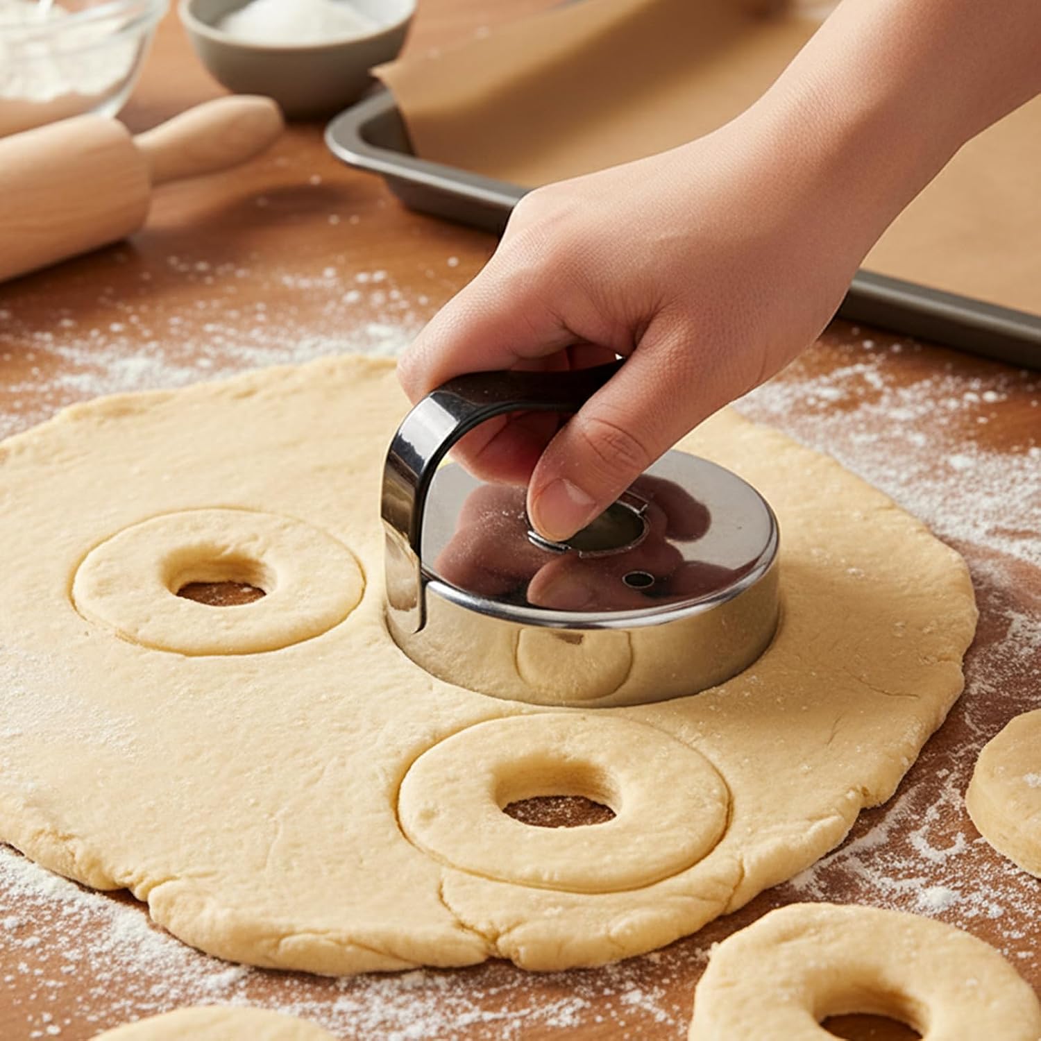 2Pcs Metal Round Cookie Cutter with Handle, Donut Maker Baking Tool, Pie Gadget image 2