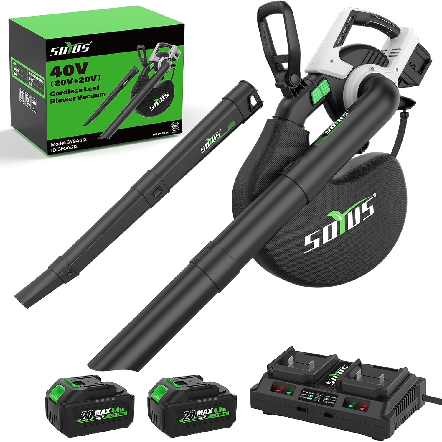 SOYUS 40V Cordless Leaf Blower Vacuum & Mulcher 3-in-1 with Brushless Motor, 2x 4.0Ah Batteries and 45L Bag