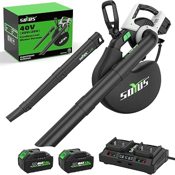 SOYUS 40V Cordless Leaf Blower & Vacuum 3-in-1, Leaf Vacuum for Yard, Lawn | Electric Leaf Blower 385 CFM with Brushless Motor & 5 Speed Control, Includes 45L Bag, 2 x 20V 4.0Ah Battery and Charger
