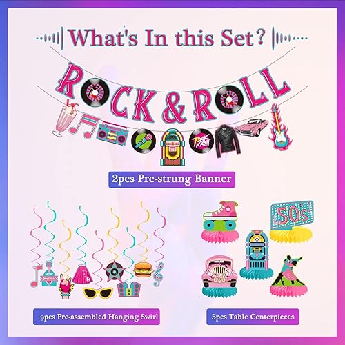 Vista 2 de LARRAZABAL Las decoraciones de fiesta de los años 50 incluyen pancarta de rock and roll, remolinos colgantes temáticos de los años 50 y centros