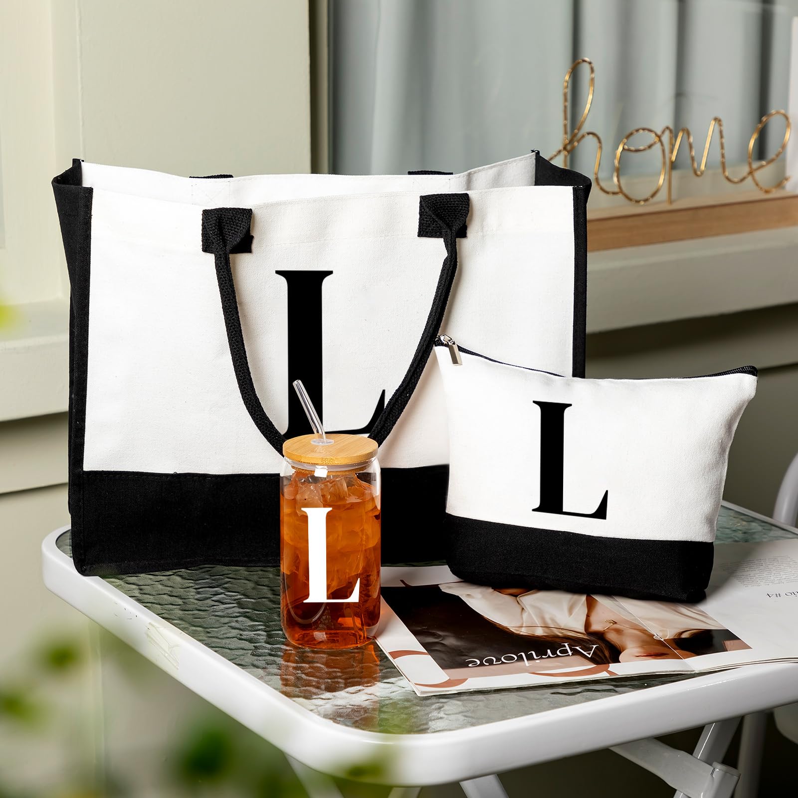 Aliceset Regalos para el día de San Valentín para mujer, bolsa de lona con inicial y maquillaje con cremallera y taza de café de cristal inicial, regalos para ella, Como se muestra en la imagen, Large