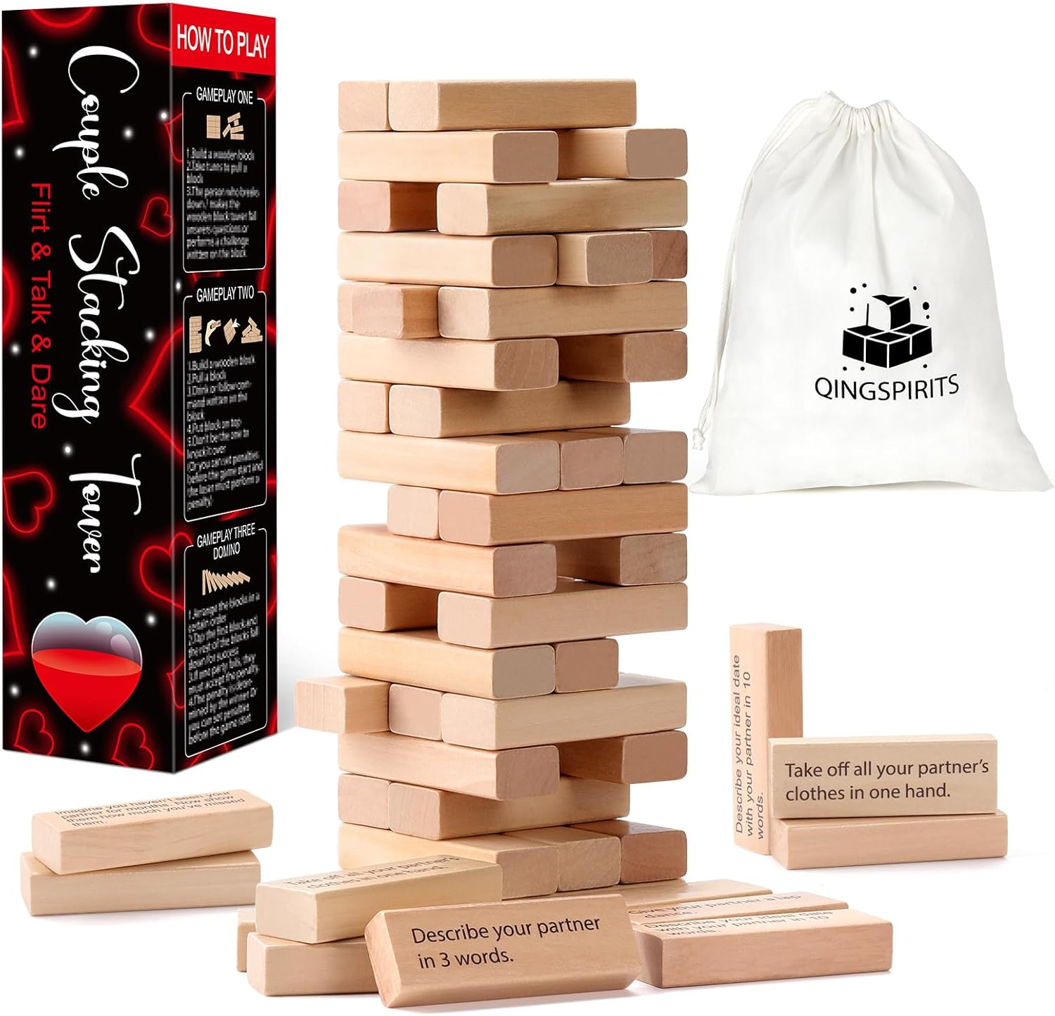 Super Fun Tumble Tower Game for Couples Grown Ups Valentines Gifts, 54pcs Exciting Date Night Stacking Wooden Blocks Talking Challenge Dare Anniversary Games for Your Partner, Only Adults 17+