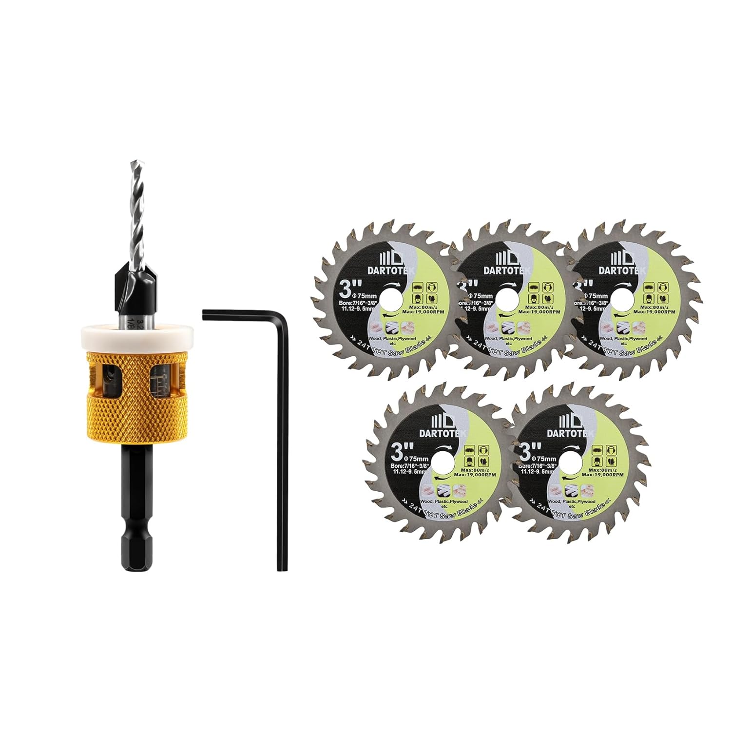 Countersink Drill Bit Set，with Low Friction Depth Stop,1/8"-3/8" HSS M2 Counter Sink Drill Bit for US Wood Screw Adjustable Depth Countersink Drill Bit