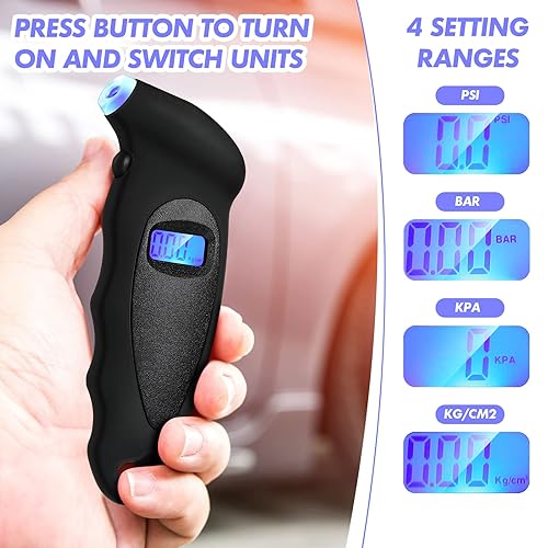Miniatura 3 de 10 medidores digitales de presión de neumáticos, 150 PSI, 4 ajustes para automóvil, camión, motocicleta, bicicleta con boquilla iluminada, LCD