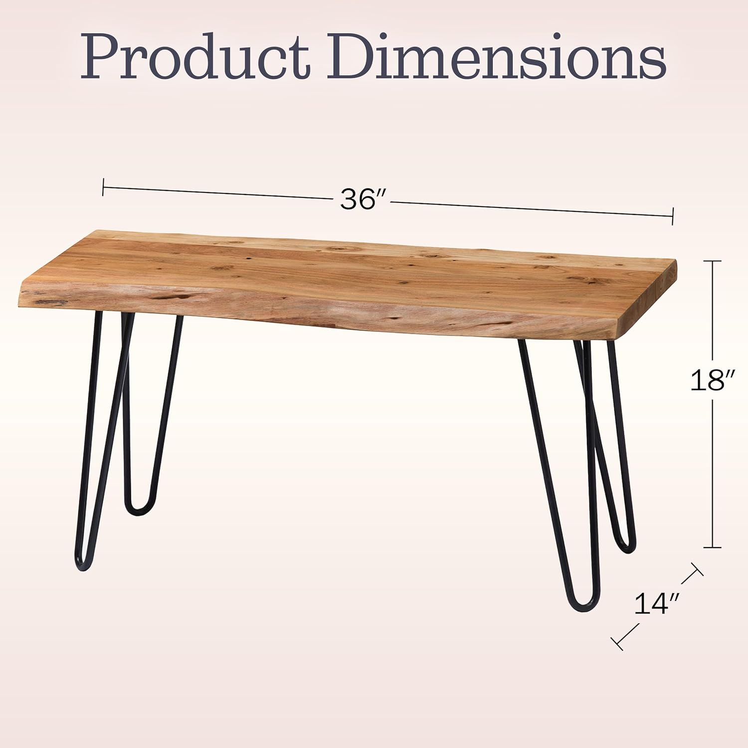Alaterre Furniture Live Edge Wood Bench with Hairpin Metal Legs - Industrial Modern Entryway Bench with Minimalist Design - Furniture for Entryway, Dining Room, Kitchen, or Bedroom (36 Inch)