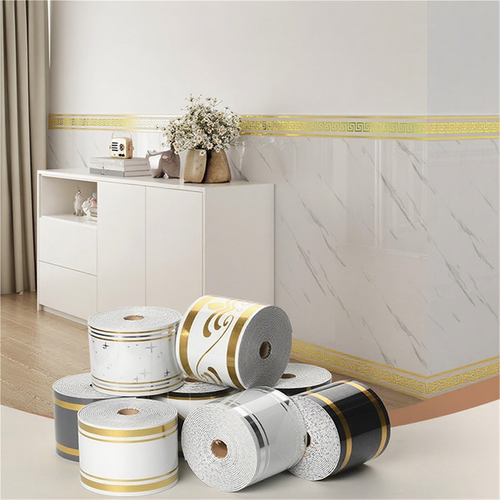 Frise Murale Adhesive Autocollants muraux décoratifs enroulables for plinthes auto-adhésives, Anti-collision et imperméables, for salon chambre à coucher(Beige,3pcs)