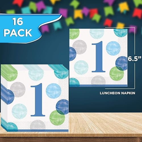 Miniatura 3 de Unique Blue Dots - Paquete de fiesta de primer cumpleaños para bebé niño | Servilletas para bebidas y almuerzos, platos de cena y postre | Ideal