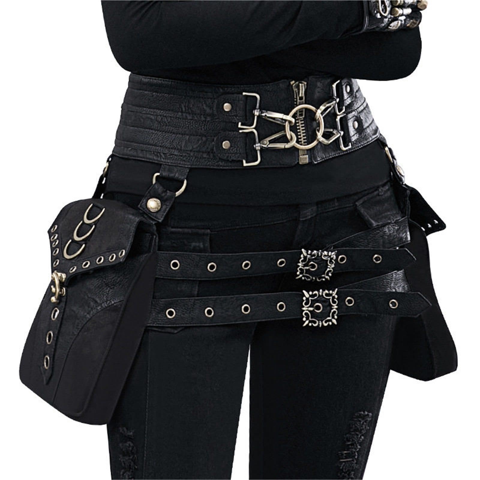 Riñonera de pierna de cuero PU Steampunk para riñonera de ciclismo impermeable para mujer, Negro , M, Clásico