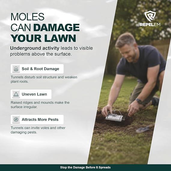 REPELEM Tunnel Mole Traps - Reusable, Rust-Free, Humane Kill, Pack of 5 | Rust-Free, Flat Bottom Design for Easy Setup, Chemical-Free, Instant Kill for No Suffering, Effective Mole Control