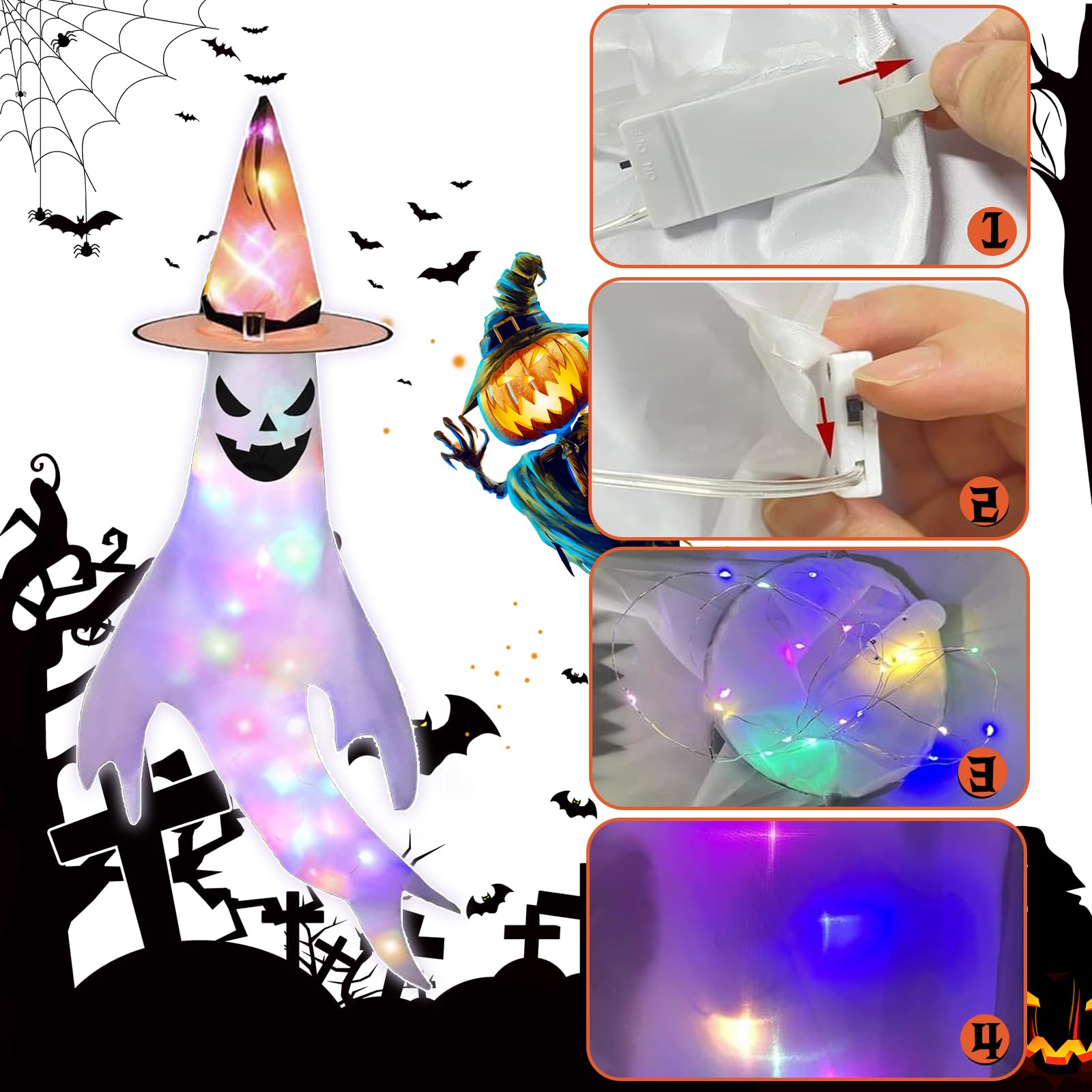 Halloween duchy potwór, 2 sztuki wiszących wiatraków, dekoracja na Halloween, do użytku na zewnątrz, do wnętrz, horror, wisząca skarpeta z kolorowymi światłami LED, dekoracja Halloween, imprezę,