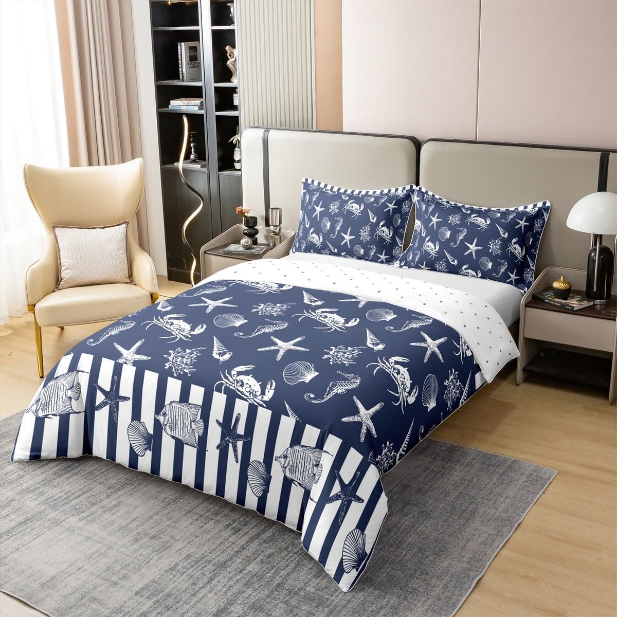 jejeloiu Ocean Theme 100% Cotton Duvet Cover,Marine Life Sealife Bedding Set King Size,Navy Blue White Geometric Stripes Bedroom Home Decor,Summer Hawaiian Beach Pattern All Season（No Comforter