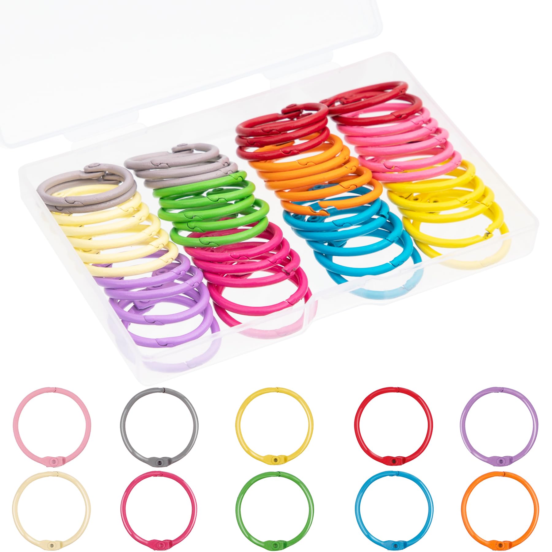 AKONEGE 1 Inch (50 Pack) Metallic Loose Leaf Binder Rings for Flashcards, Index Cards, Keychains, Colorful Small Metal Steel Book Ring Clips for Keyrings, Office, School, Home - 10 Colors