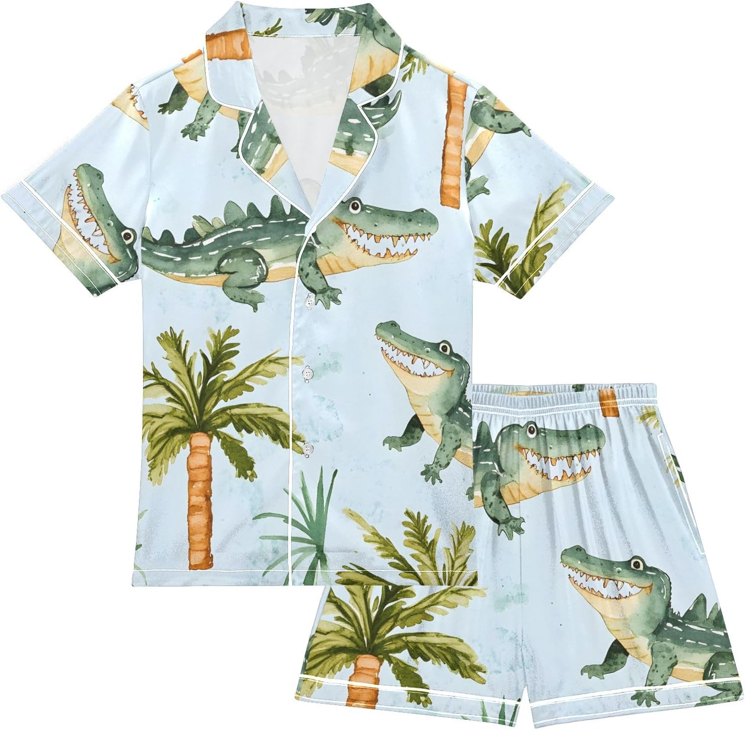 Kids Casual Satin Wear Set Palm Tree Crocodile Pattern Unisex Short Sleeve Clothing for Relaxing