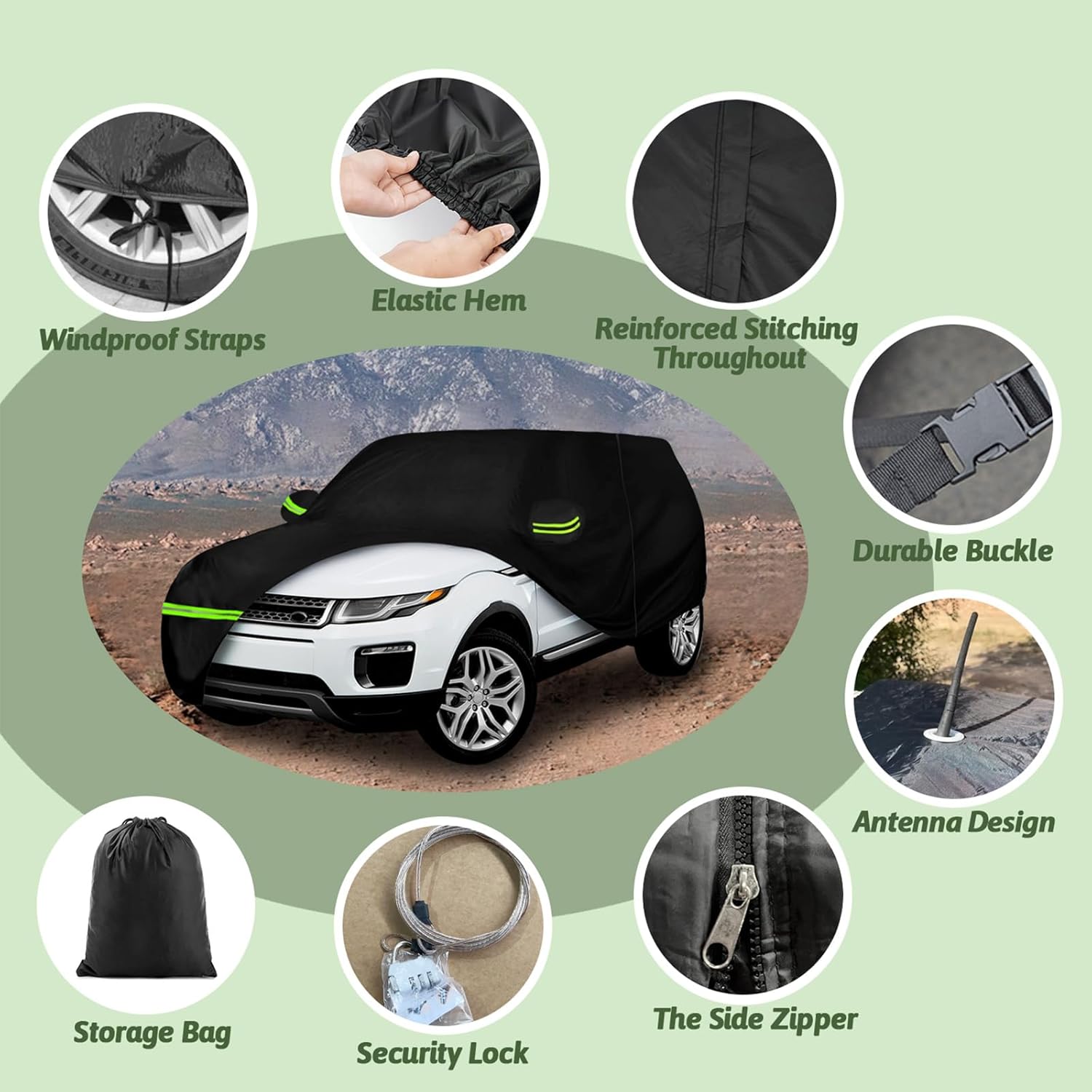 6 Layer Car Cover for Land Rover Range Rover Evoque 2011-2025, 210T Waterproof Sun Rain UV Dust Snow Protection Outdoor Evoque Full Car Cover with Windproof Gust Strap and Zipper Door-Black