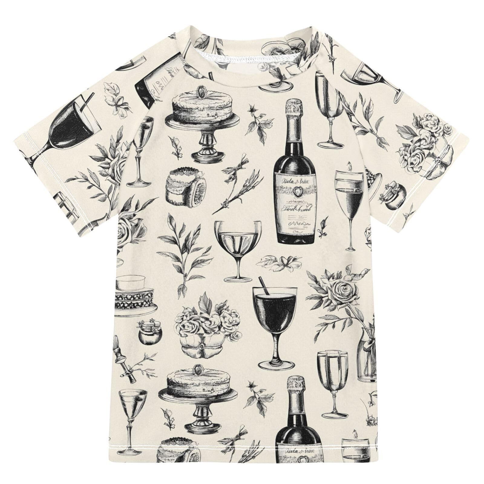 ALAZA Kids Rash Guard Boys Toddler Swim Shirts Short Sleeve Retro Red Wine Bottle UPF 50+ 3T