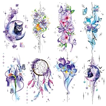 8 Sheets Purple Cat Moon Butterfly Dreamcatcher Temporary Tattoos