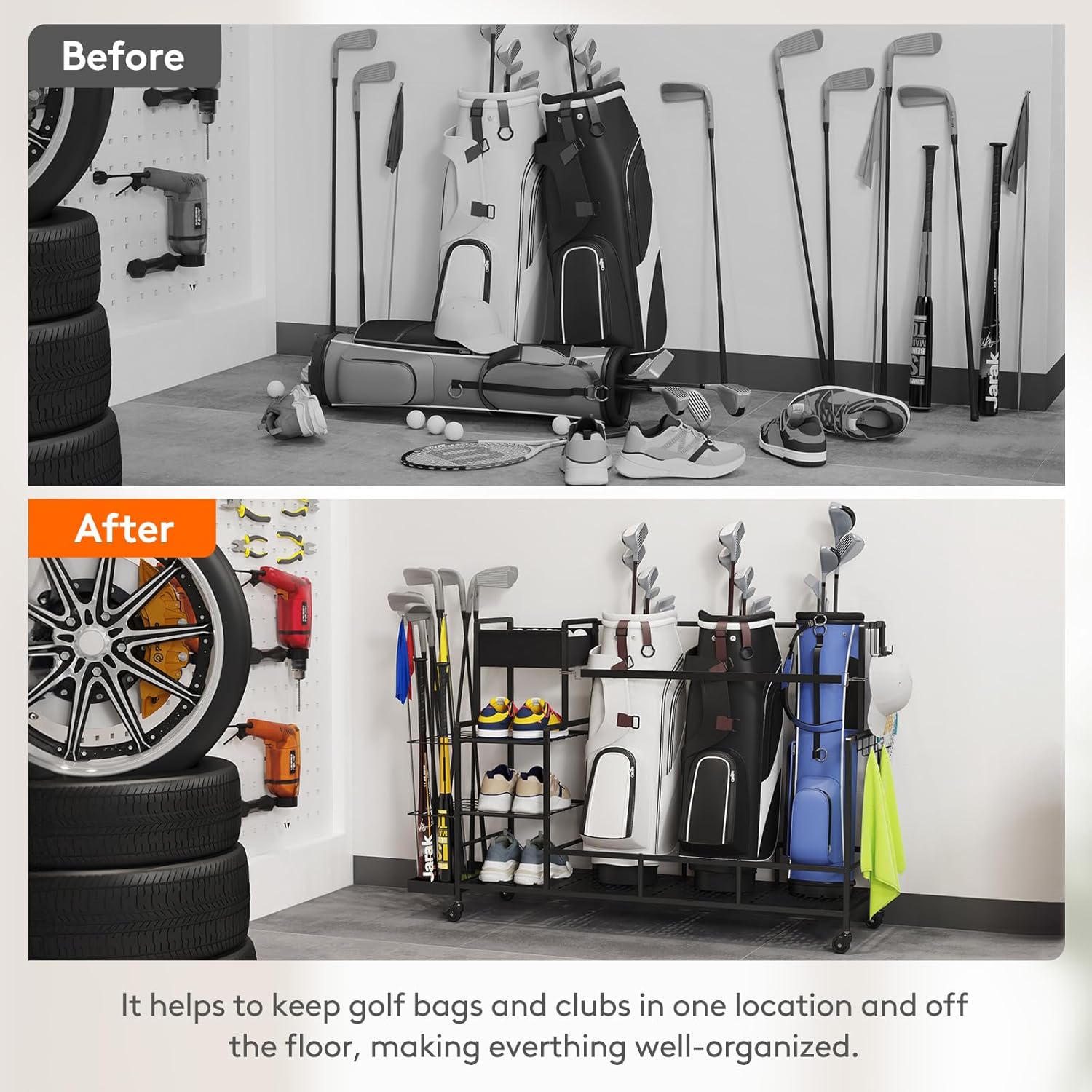 Lifewit Golf Bag Organizer, Golf Club Holder with Wheels, Shoe Racks for Golf Equipment Accessories, Storage for Garage, Basement, Shed, 86 cm/34 inch(H)