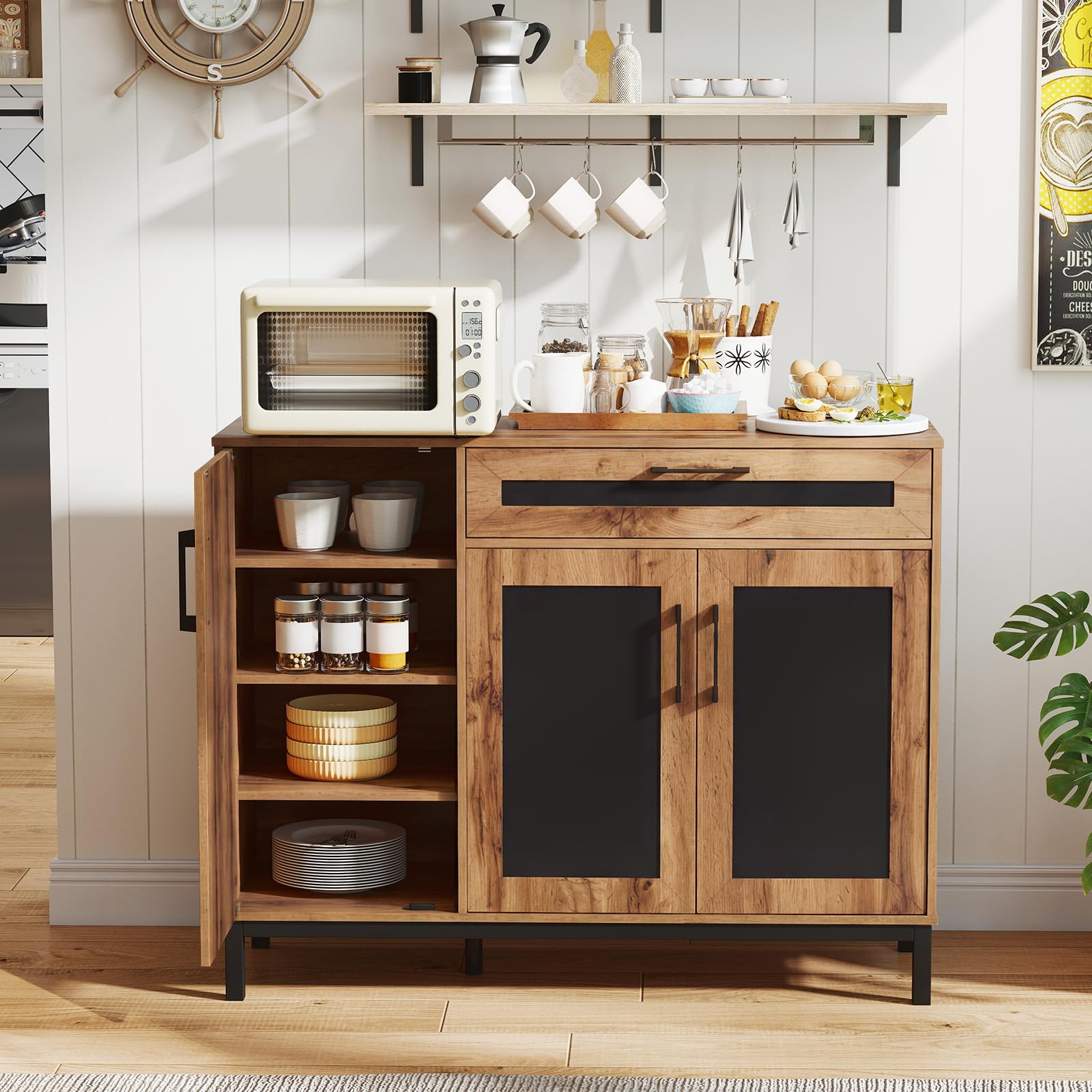 COSTWAY Sideboard Holz, Küchenschrank mit Schublade, 3 Türen, herausnehmbaren Regalen, 120 x 41 cm Arbeitsfläche, Buffetschrank für Küche, Esszimmer, Aufbewahrungsschrank, Natur + Schwarz
