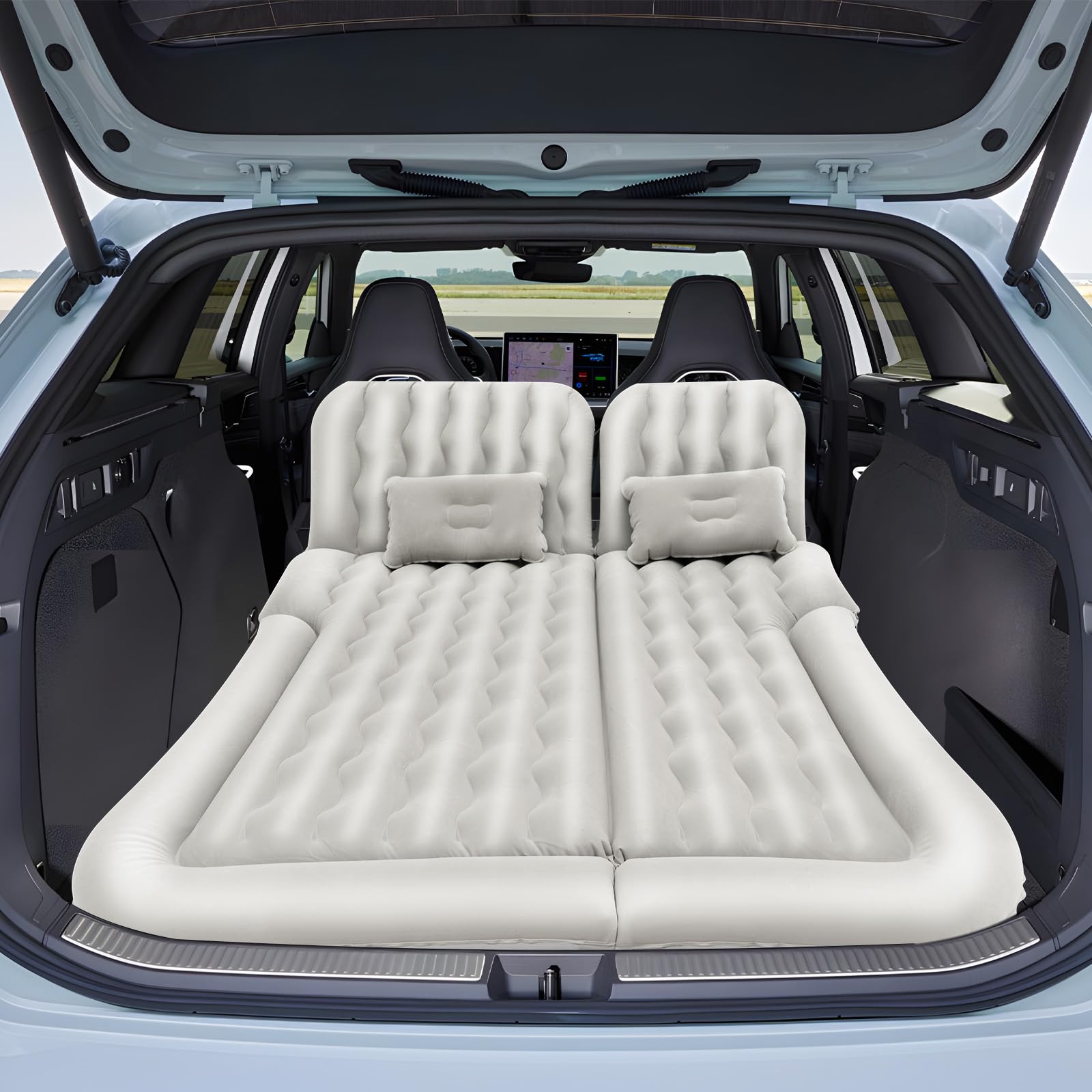Colchón inflable SUV y colchón de coche para maletero con bomba de aire y 2 almohadas, cama gruesa para coche, ergonomía, cómodo, resistente, para SUV, viajes al aire libre (gris)
