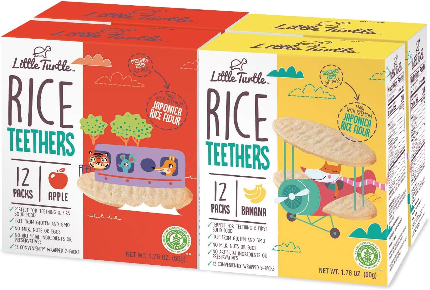 Little Turtle Rice Teethers Combo Pack, Apple & Banana Flavor, 12 wrapped 2 Pack, 4 Count