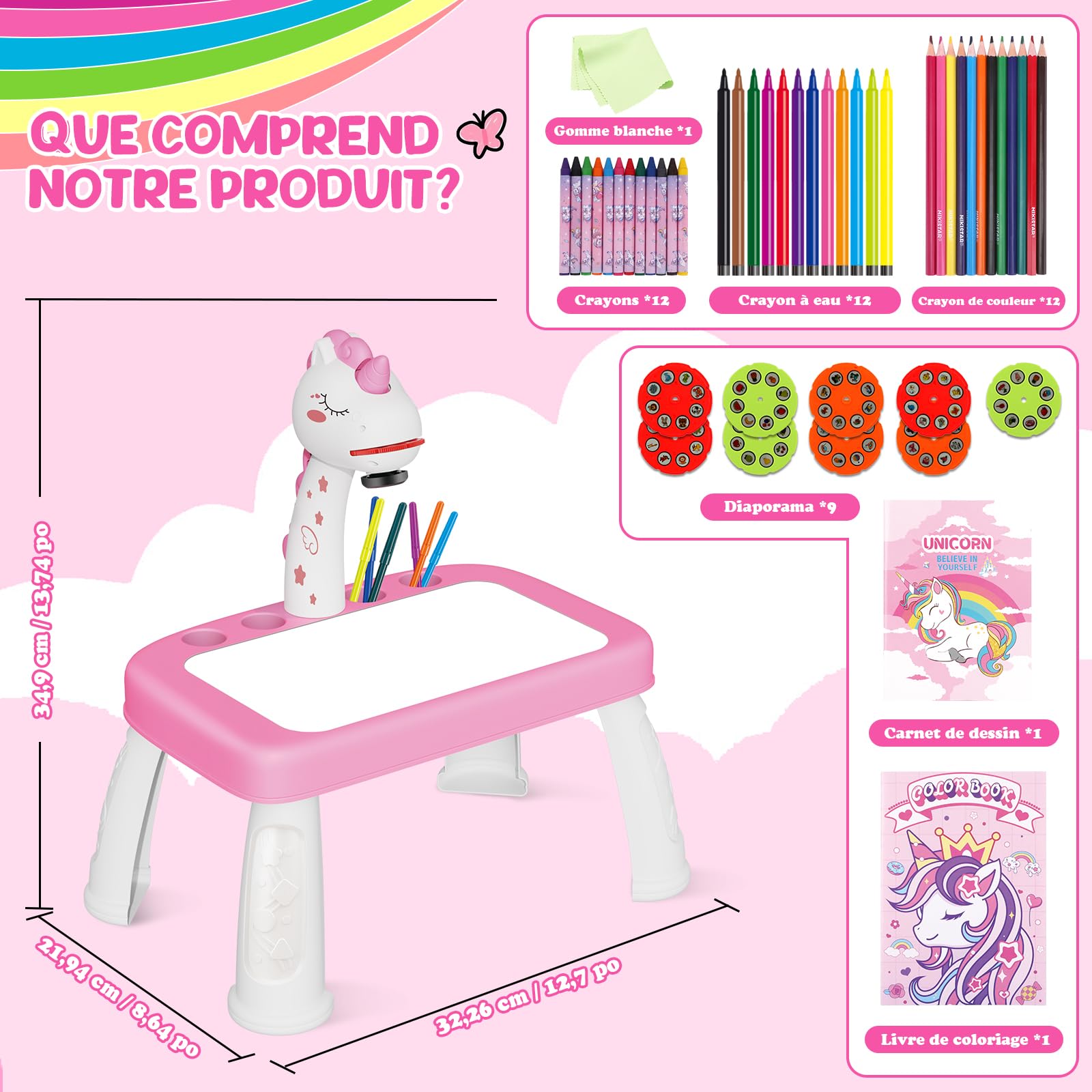 Konijiwa Cadeau Fille Projecteur Dessin Enfant avec 72 Motifs Jouet Fille Jeux Enfant 3 4 5 6 ans Licorne Jouet Cadeau avec Crayons de Couleur, Album de Découpage, Livre d'Autocollant Licorne, Tampon