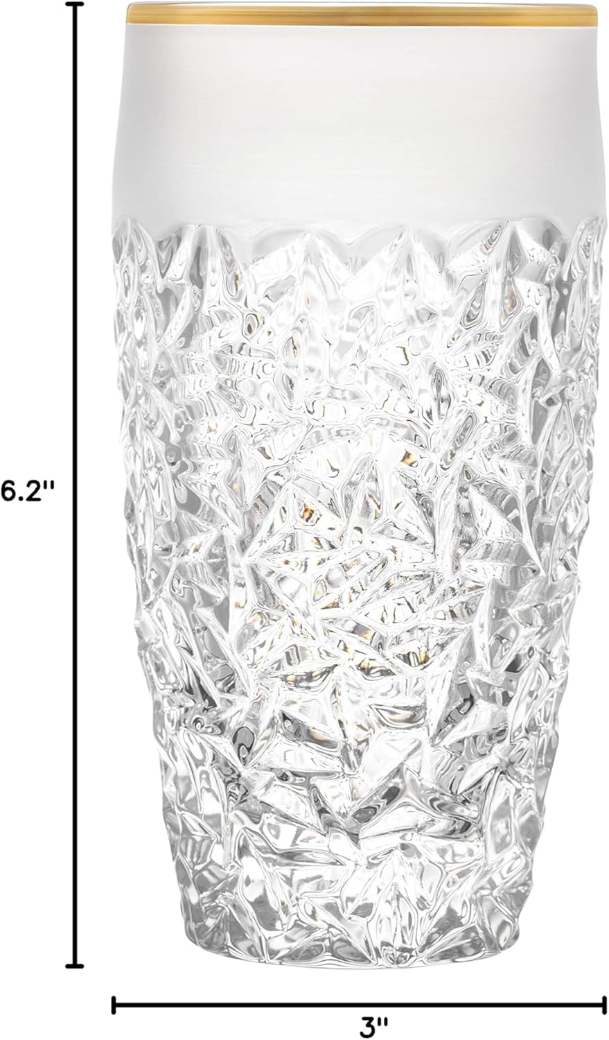 Barski - European Quality Glass - Crystal - Set of 6 - Highball - Hiball Tumblers - 16 oz. - Raindrop Design with Frosted Border and Gold Rim on Tumbler - Glasses are Made in Europe