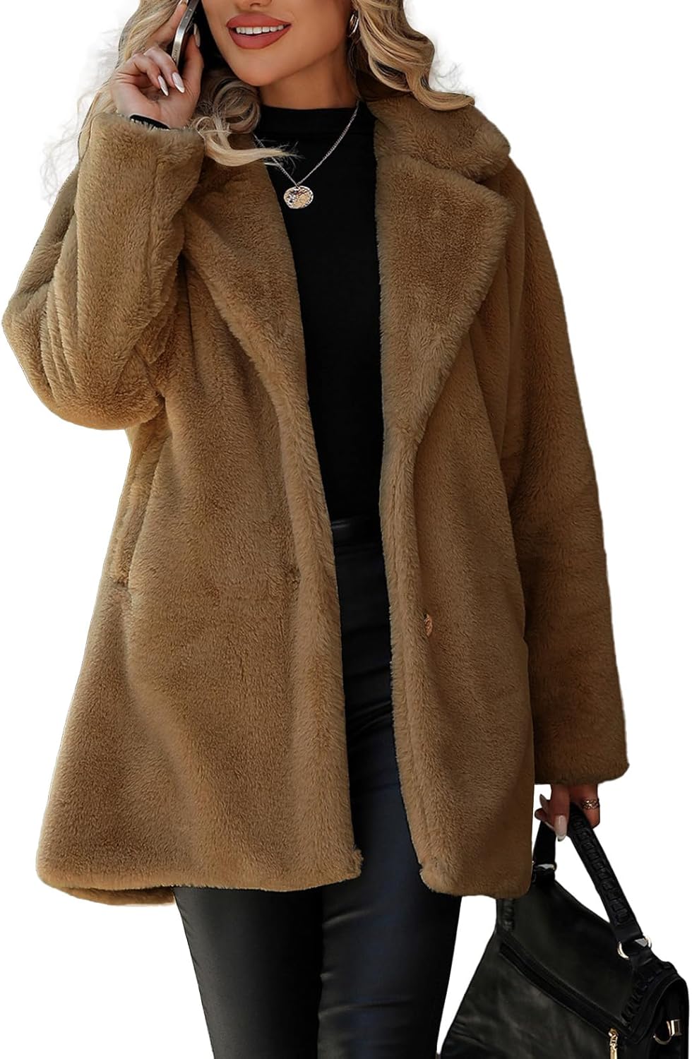 Vipwest Women's Faux Fur Long Coat Button Down Lapel Fleece Sherpa Jacket