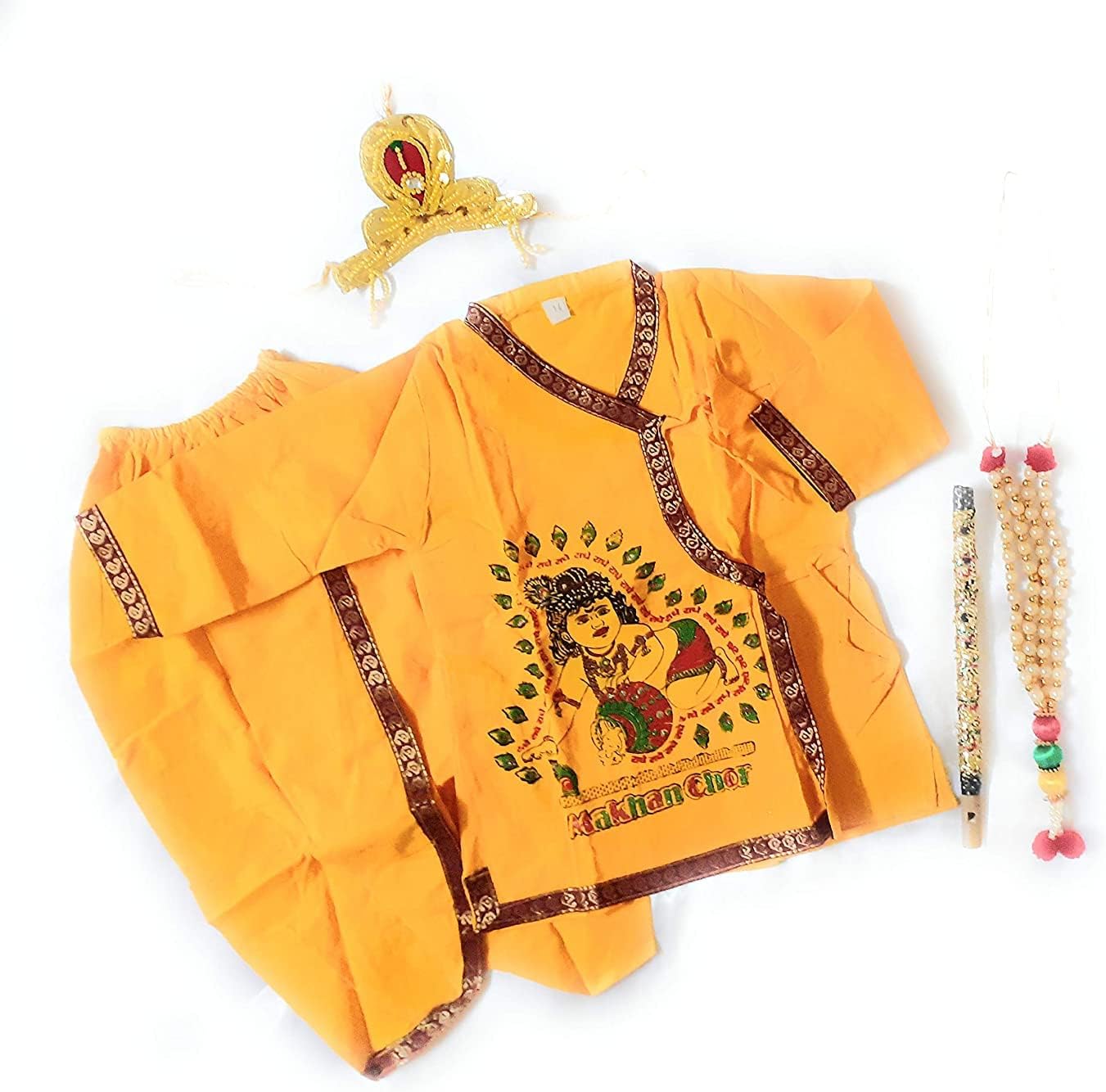 Krushnesh Creations Fabric Krishna Dress janmashtami Kids Costume with Accessories for Dressing up (Yellow, 0-1.5 Year, 1 Flute, 1 mukut, 1 Mala)