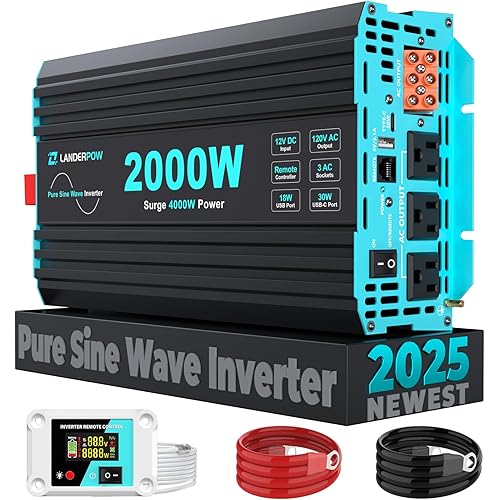 Pure Sine Wave Inverter 2000 Watt, 12V DC to 120V AC Inverters for RV, Truck, Solar, Home, Power Inverter with 3 AC Outlet, 30W USB-C, 5V 3.1A USB, Hardwire Port, Remote Control, Surge 4000W