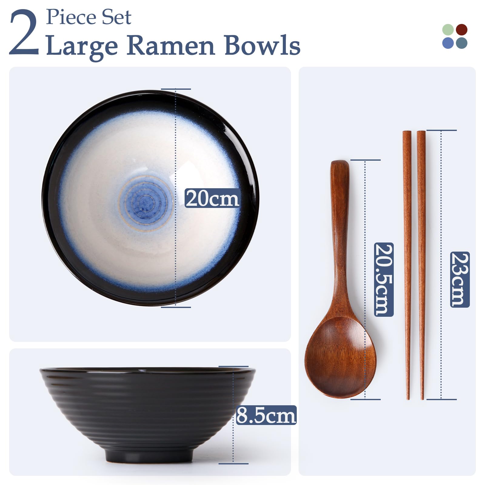 NUTRIUPS Set di 2 ciotole per ramen in ceramica da 1200 ml con bacchette e cucchiai (Blu Luna)