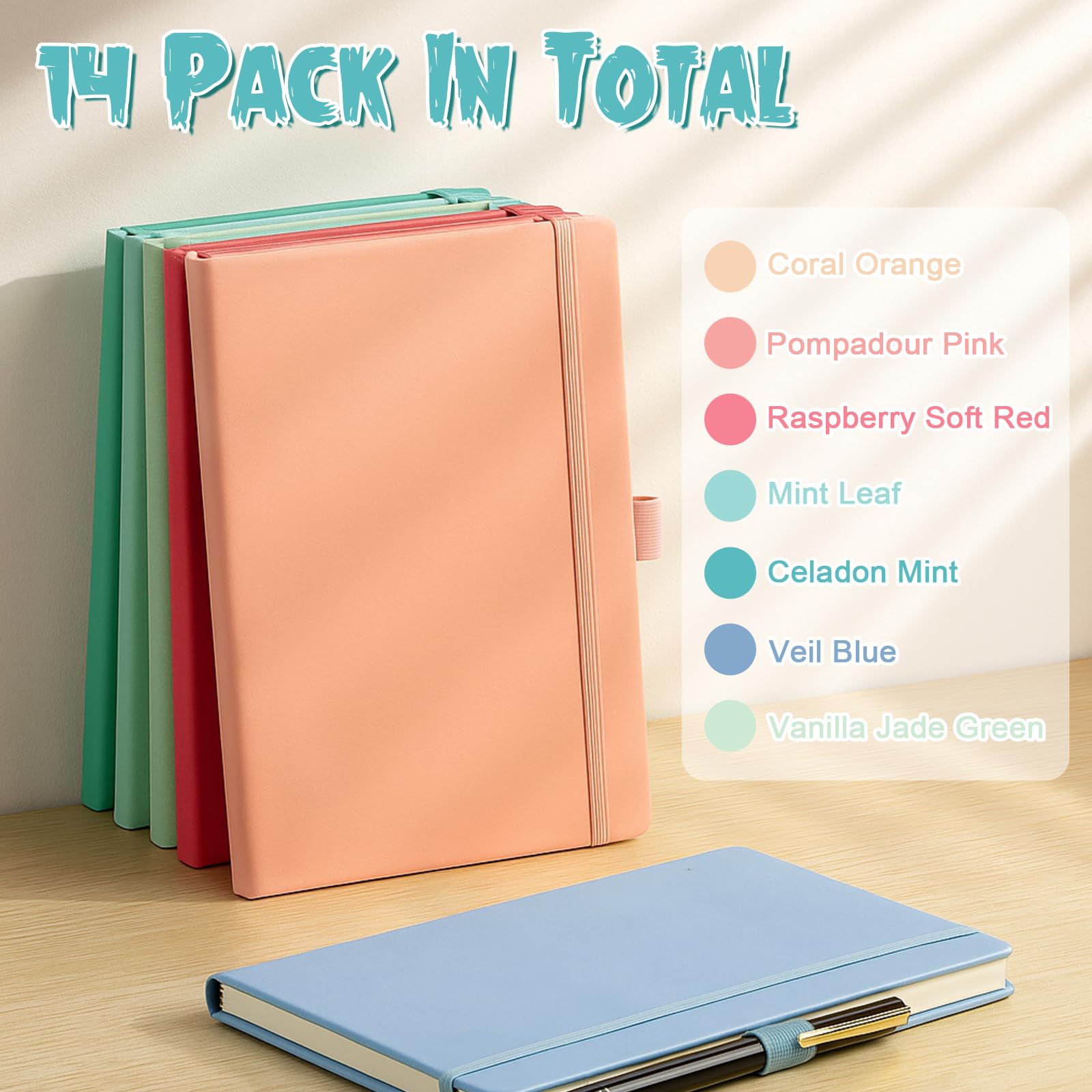 Laumoi Paquete de 14 cuadernos rayados de 5.5 x 8.2 pulgadas, cuaderno de tapa dura A5, bloc de notas con rayas universitarias con soporte para bolígrafo, diarios rayados de piel sintética para