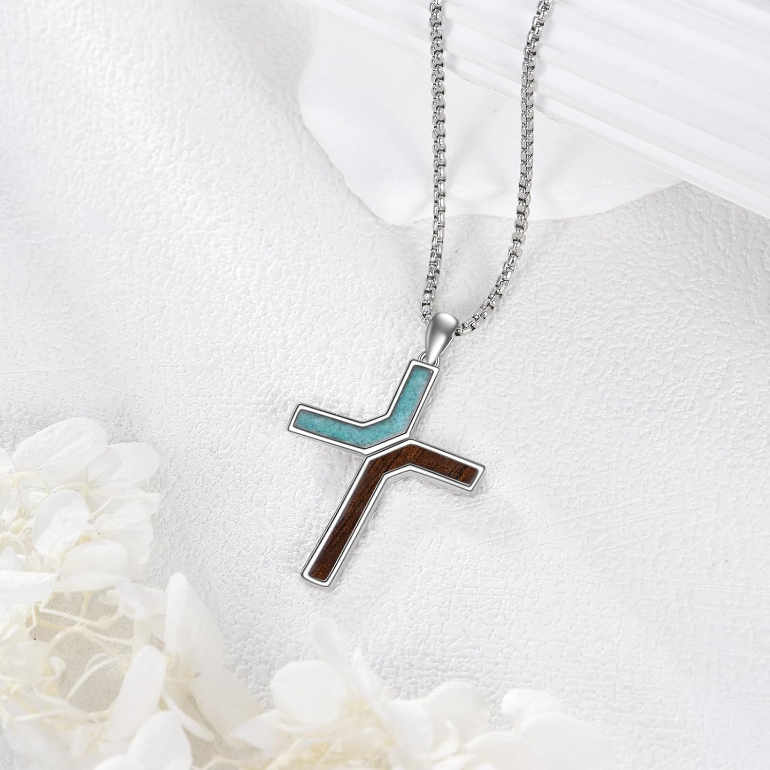 Wooden Cross Necklace 925 Sterling Silver Cross Necklace Turquoise Wooden Pendant Religious Jewelry Gift for Men Women - Image 5