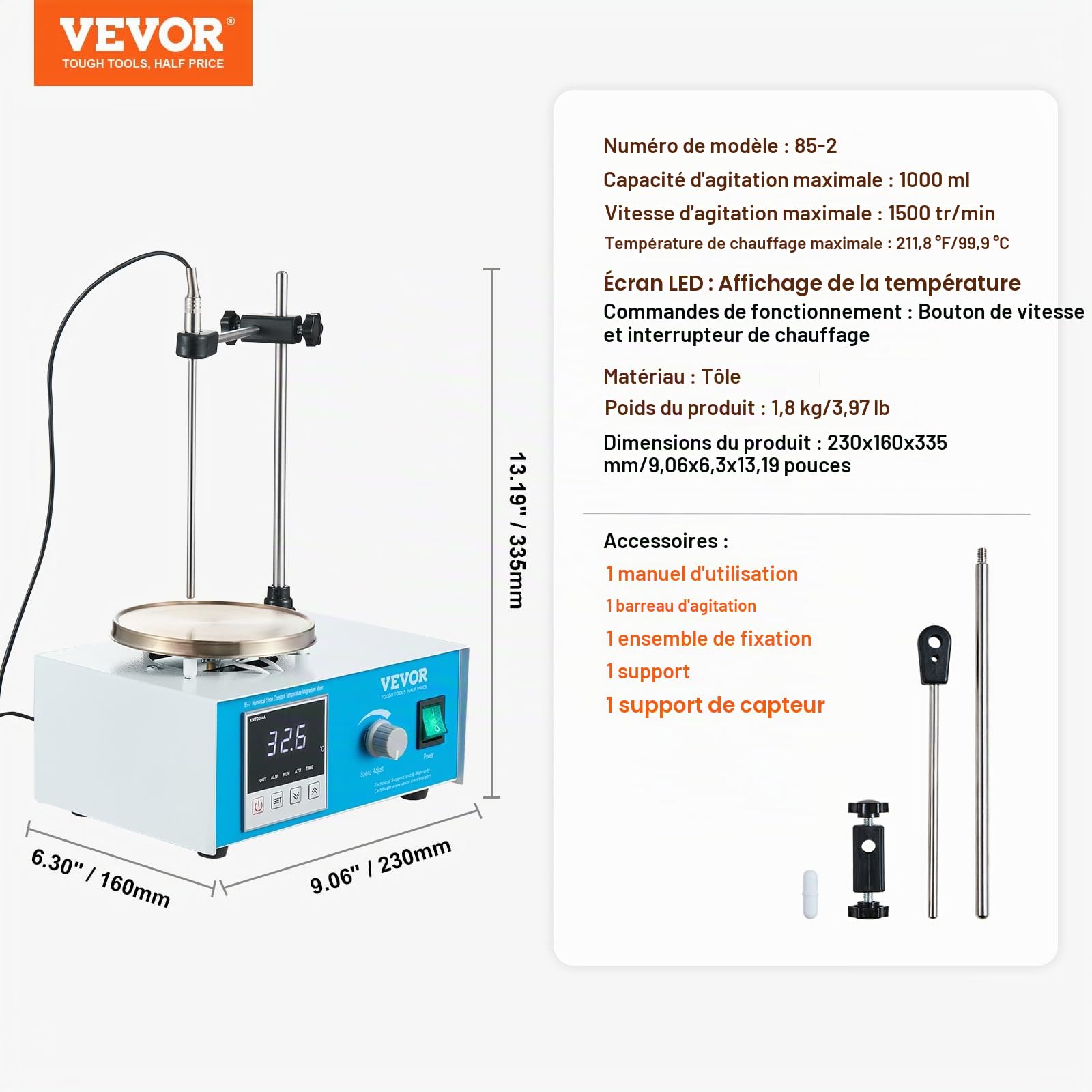 VEVOR Agitateur magnétique 1 L, mélangeur magnétique à plaque chauffante 99,9 °C, kit d'agitation 1500 tr/min, 250 W, avec bouton de vitesse réglable, support et barreaux d'agitation, écran LED, blanc