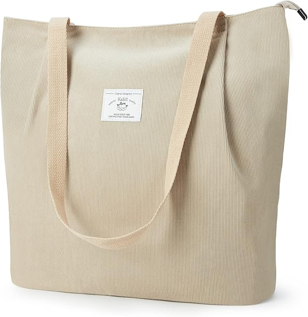 KALIDI Waterproof Corduroy Tote Bag with Zipper Casual Hobo Shoulder Bag Handbag Large Capacity Cord Tote Bag Women Shopping Bag for School Work College Daily Use