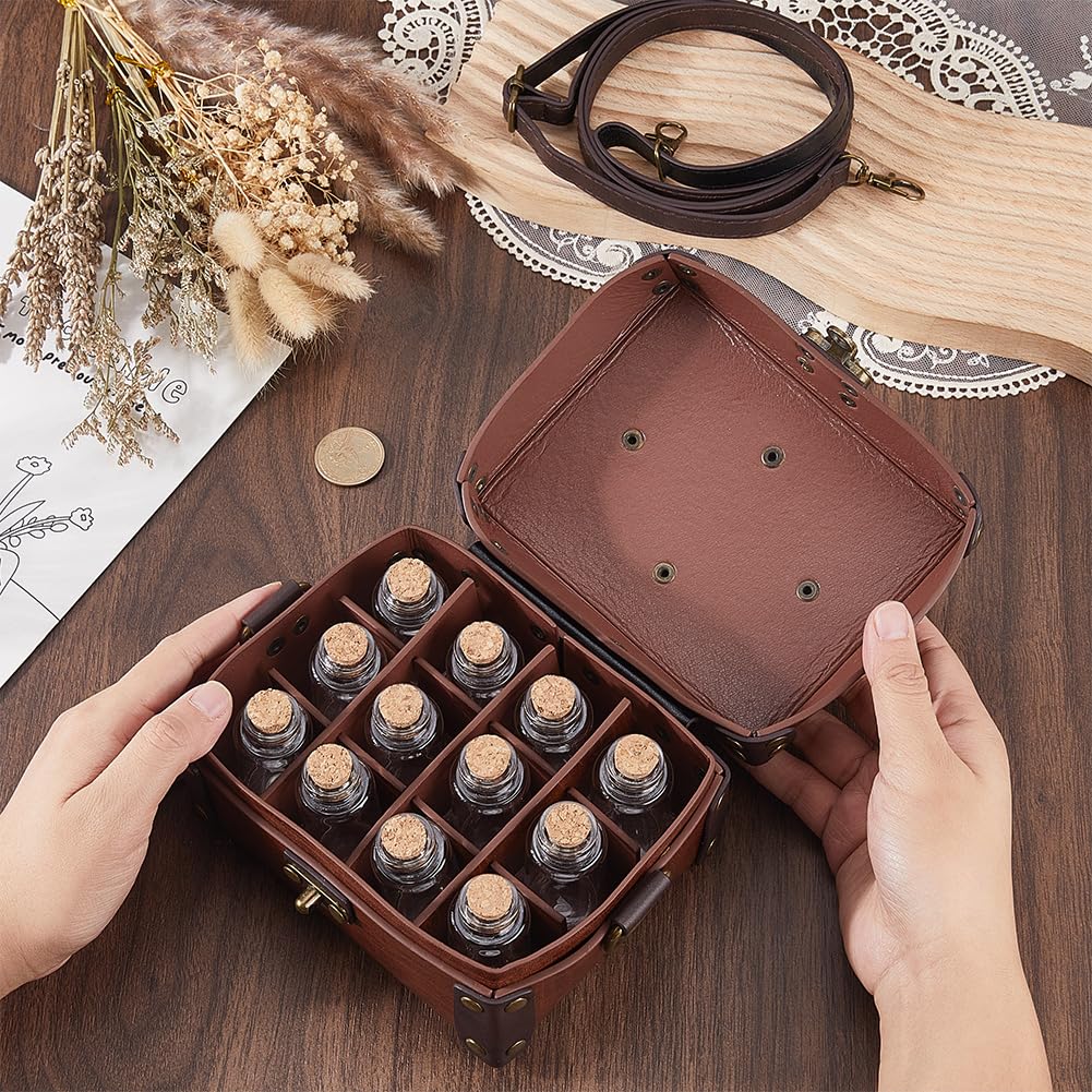 Coffret D'Alchimie Médiéval en Cuir PU avec 12 fiole de Potion en Liège Sac Bandoulière Portable Porte Dés pour Bijoux et Jeux de Rôle (D&D) Sac Banane pour Homme et Femme Costume