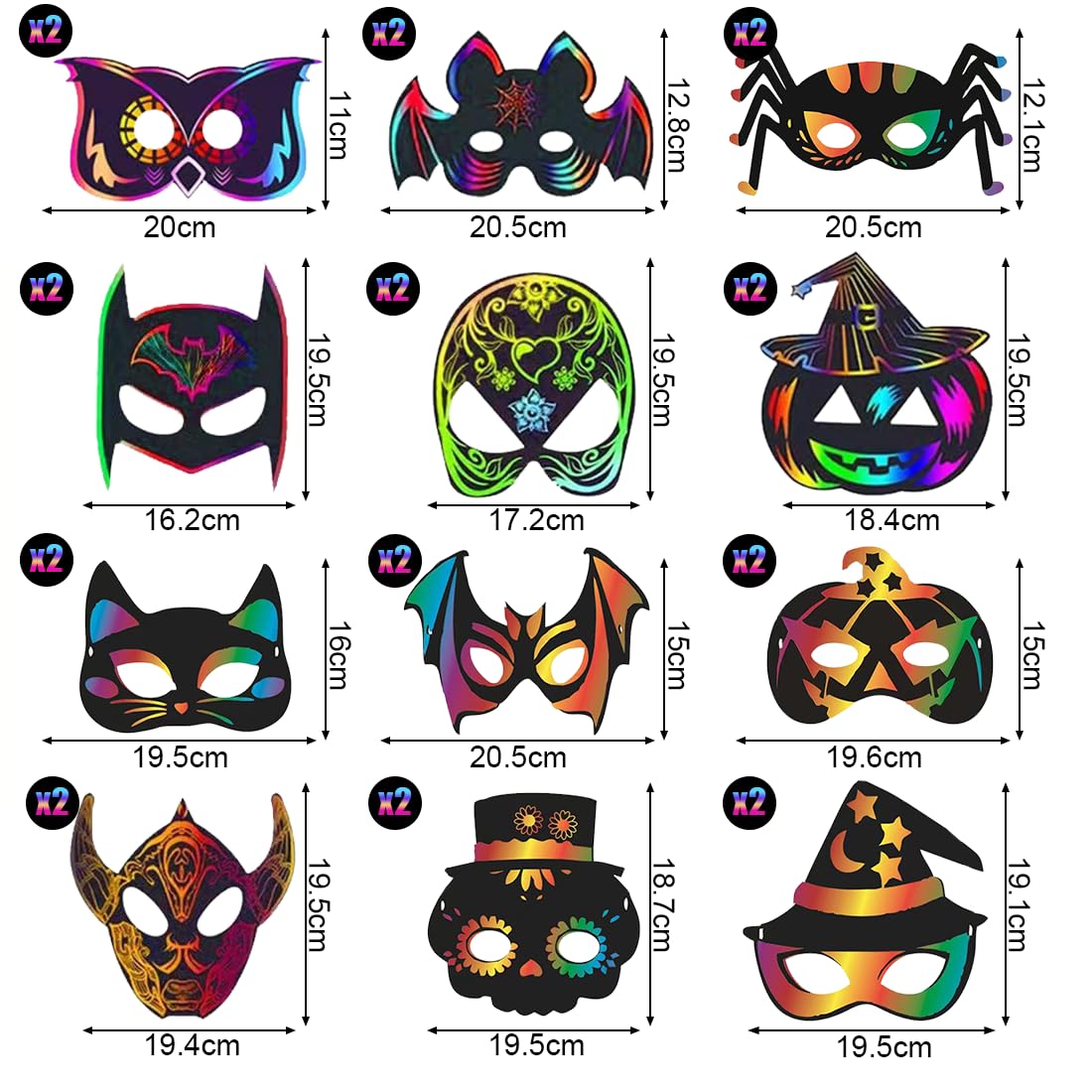 Wishstar 24 sztuki obrazków do zdrapywania na Halloween, maseczki do zdrapywania dla dzieci, maski na Halloween, zestaw do majsterkowania DIY z elastycznymi sznurkami i drewnianymi rylcami, dekoracja