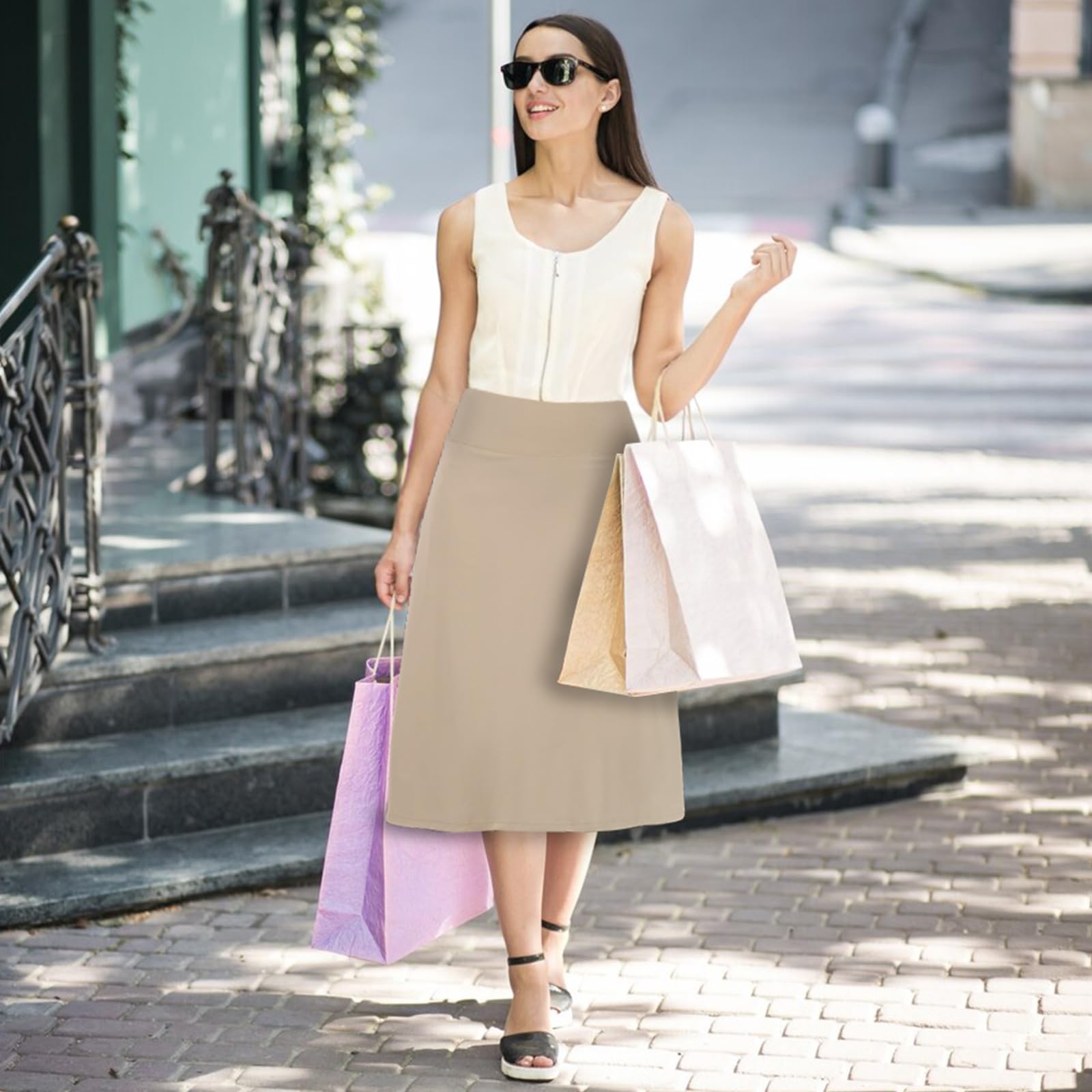 beroy Falda pantalón Larga de 28 Pulgadas para Mujer con 2 Bolsillos, Falda Modesta con Pantalones Cortos Debajo de Faldas largas de Cintura Alta, Caqui, XXL