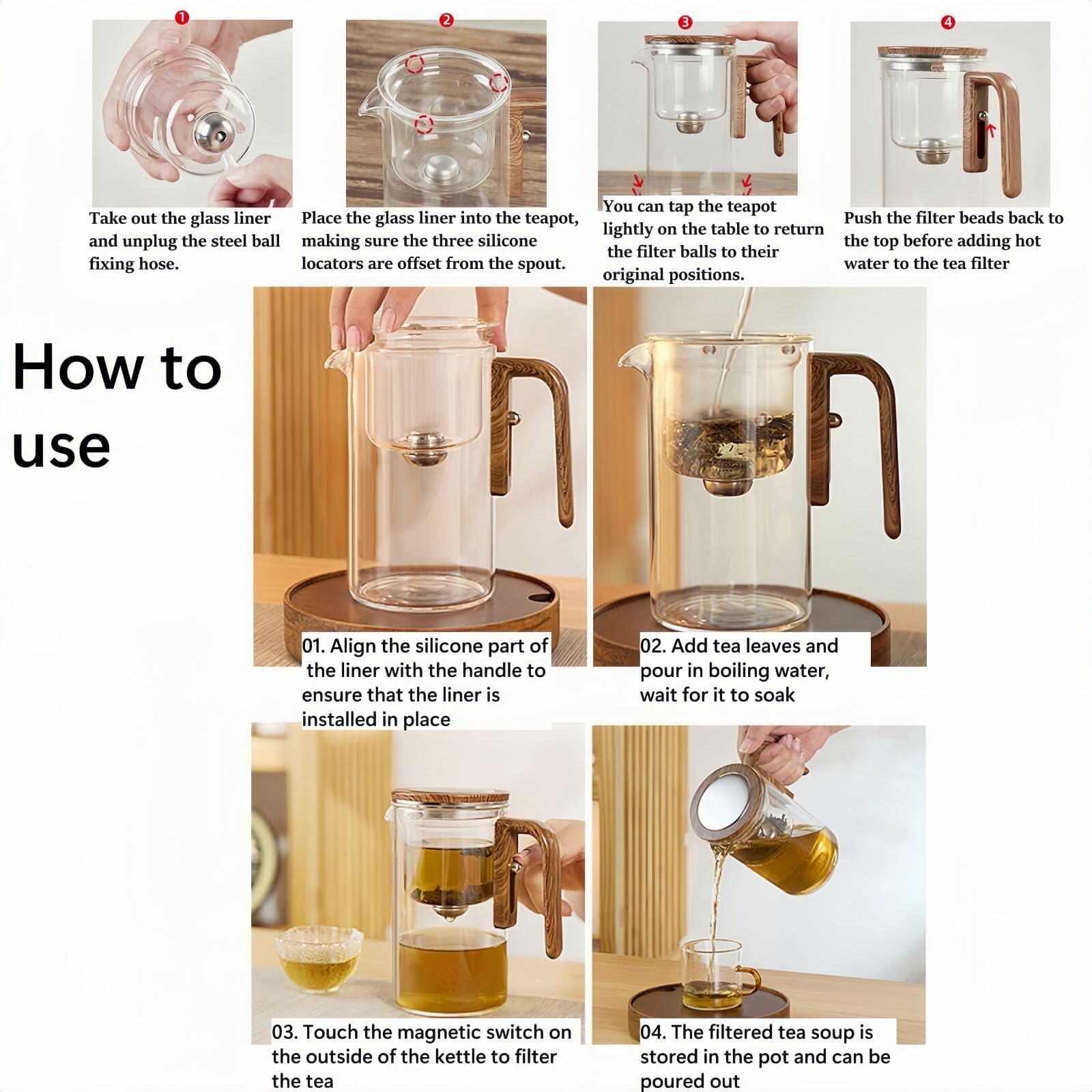 Glas-Teekanne Mit Holzgriff Und Trennsteg, Glas-Teekanne Mit Sieb, Druckkontrolle, Klare Glas-Teekanne For Blumen- Und Loseblatt-Tees(500ml)