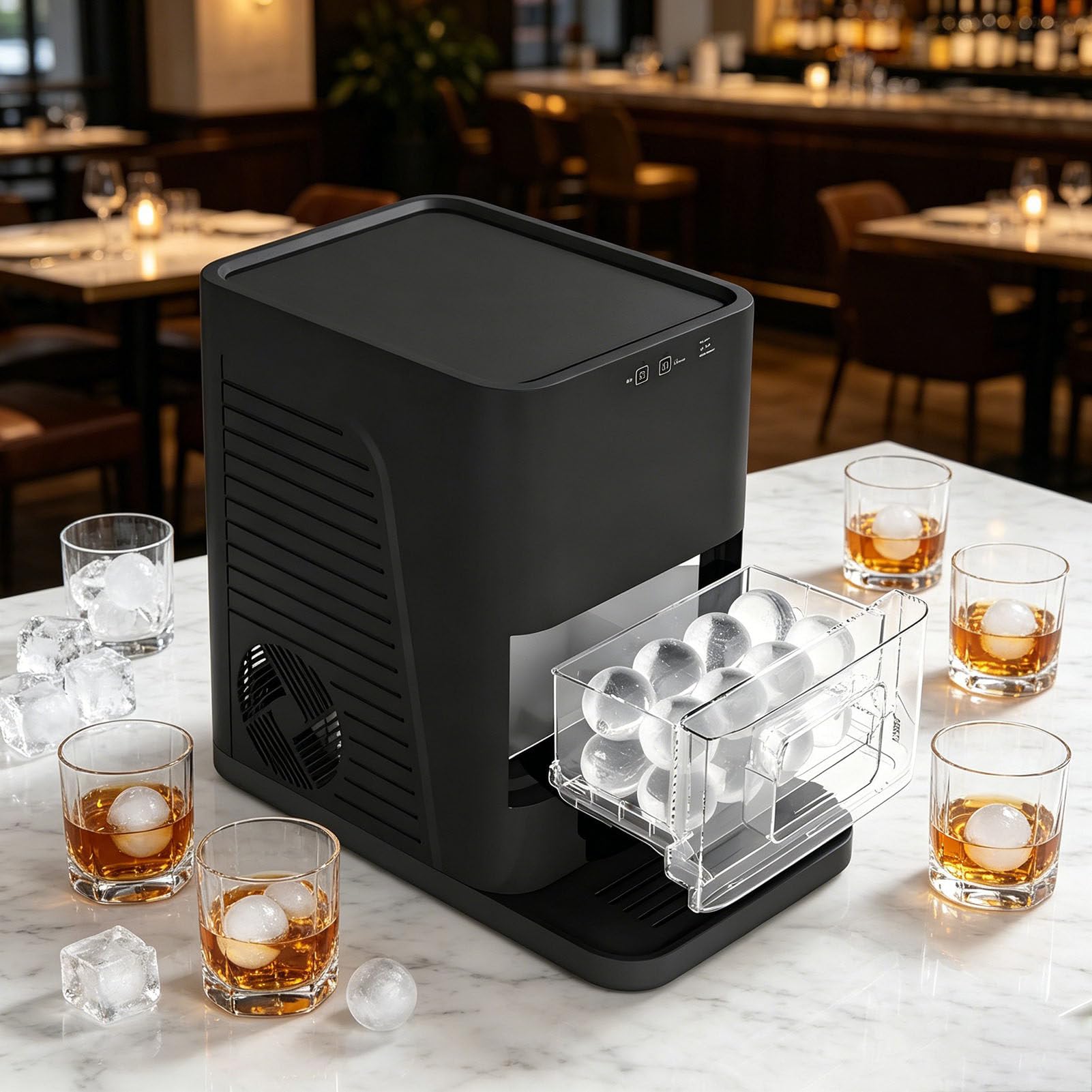 2" Ice Ball Maker Countertop, 2Pcs Ready in 60-90Mins, 42Pcs/day, Self-Cleaning Sphere Ice Maker Machine with Crystal Clear Ice, Round Ice Cube Maker for Whiskey & Bourbon Black