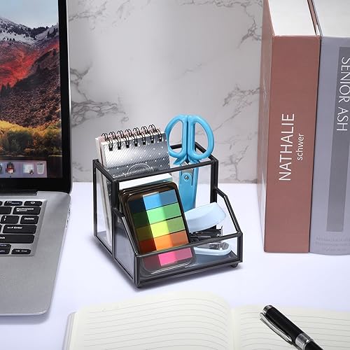 Miniatura 6 de Hipiwe Soporte de cristal para tarjetas de presentación, soporte de metal para lápices, soporte de almacenamiento para escritorio, transparente,