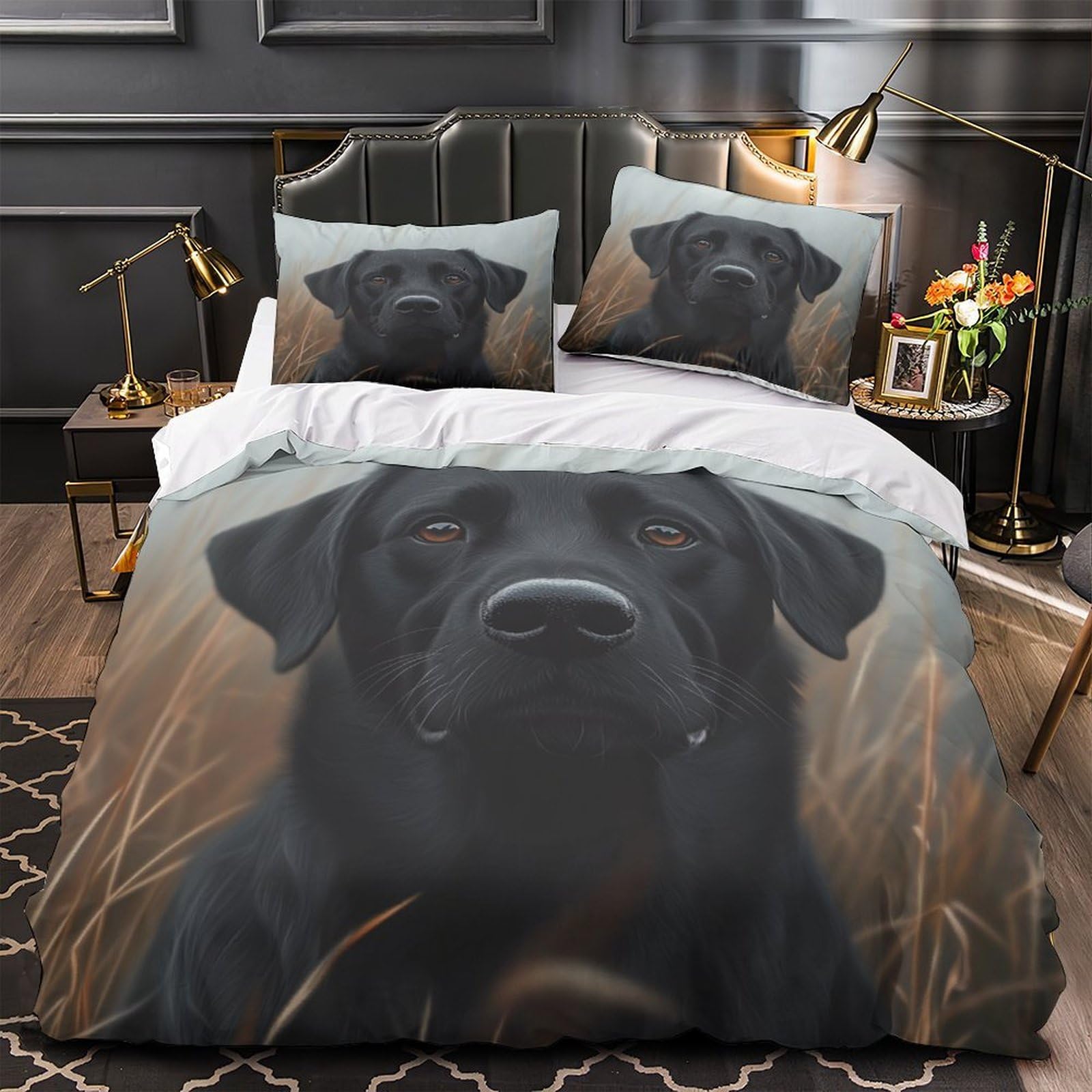 Parure de lit chien noir avec drap de couette en microfibre anti-tache et taies d'oreiller 3D
