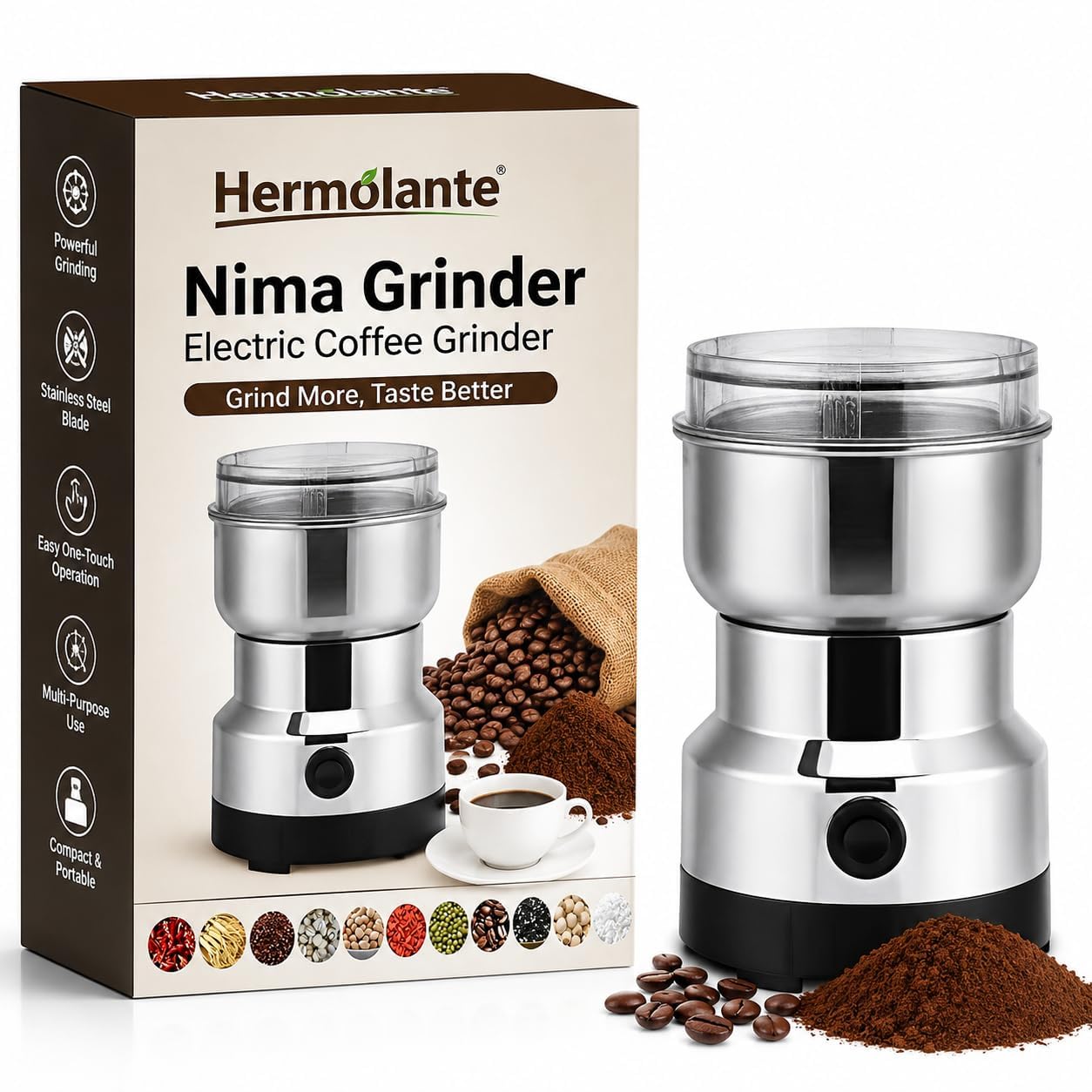 Nima Grinder Mini Mixer Grinder Small Size, Coffee Grinder Electric, Portable Electric Grinder With Powerful Stainless Steel Blades, Masala Grinder Machine, Spice Grinder for Kitchen, Grinder for Home-image-2