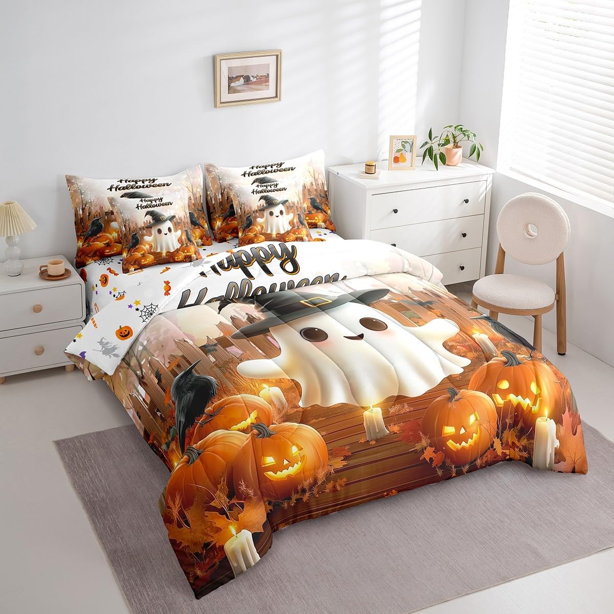 Halloween Ghost Bed In A Bag Queen Comforter Set 7 Piece, Pumpkin Lantern Bedding Sets For Kids Teens Adult Women Bedroom Decor, Gothic Spooky Crow Sheet Set With Comforter Raven Birds Spooky Bed Set