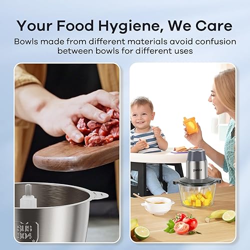 Miniatura 6 de GANIZA Procesadores de alimentos, picadora eléctrica de alimentos con picadora de carne y picadora de verduras, 2 cuencos (8 tazas+8 tazas) con