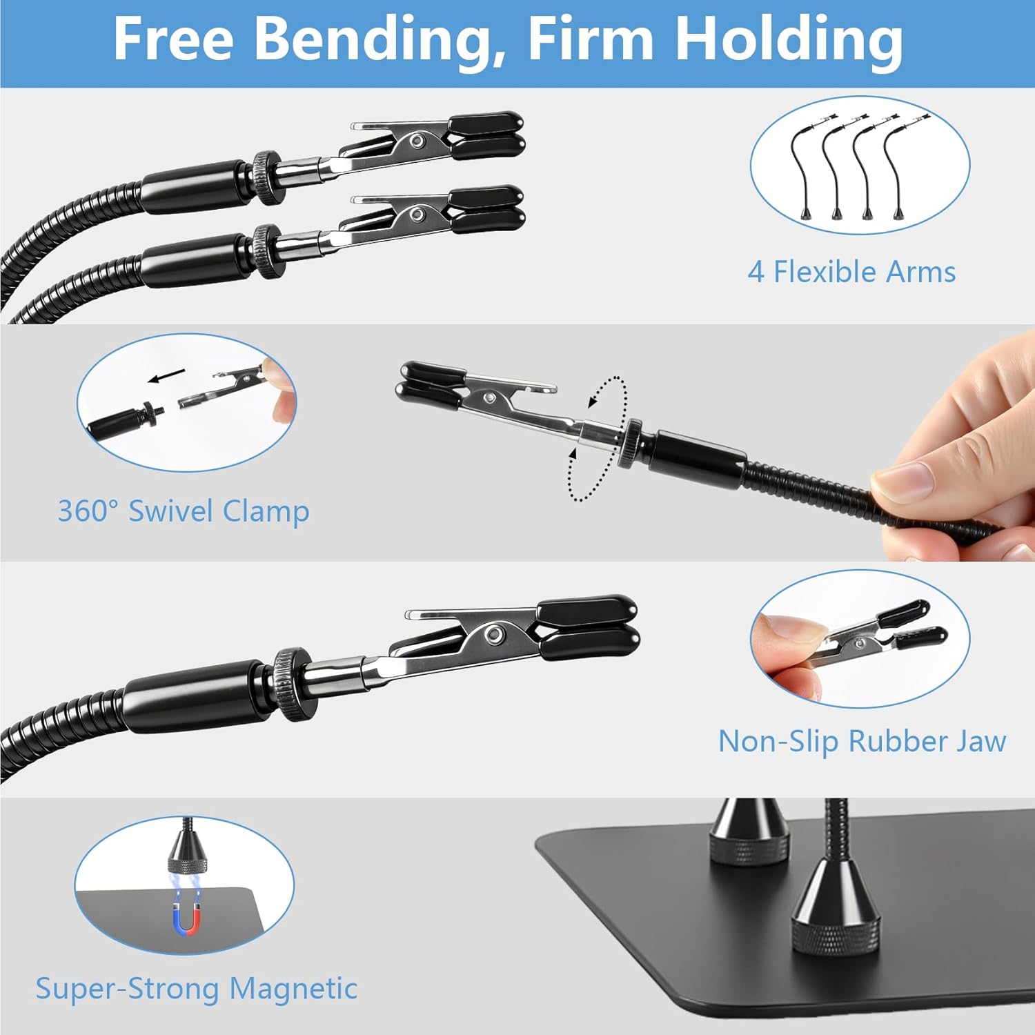 Helping Hands Soldering Station with Light and Stand, 4.3" 10X Soldering Magnifying Glass with 4 Flexible Helping Arms, 5 Color Mode, 10 Dimmable Levels for Electronics Repair, Jewelry, Hobby