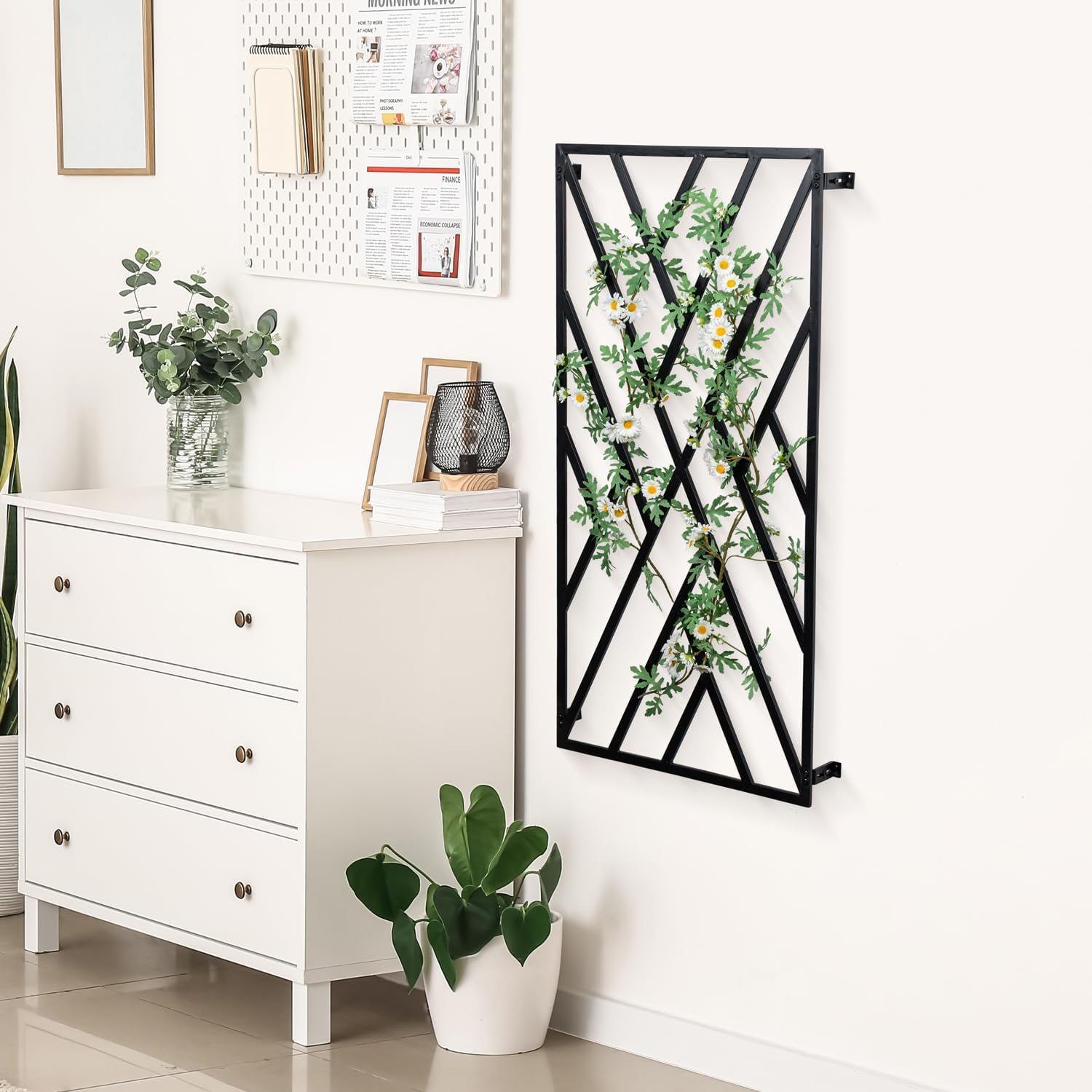 MyGift 47 x 24 Modern Wall Mounted Trellis, Matte Black Metal Geometric Design Mount Large Garden Trellis for Climbing Plants and Crawling Vines with Adjustable Support Rack