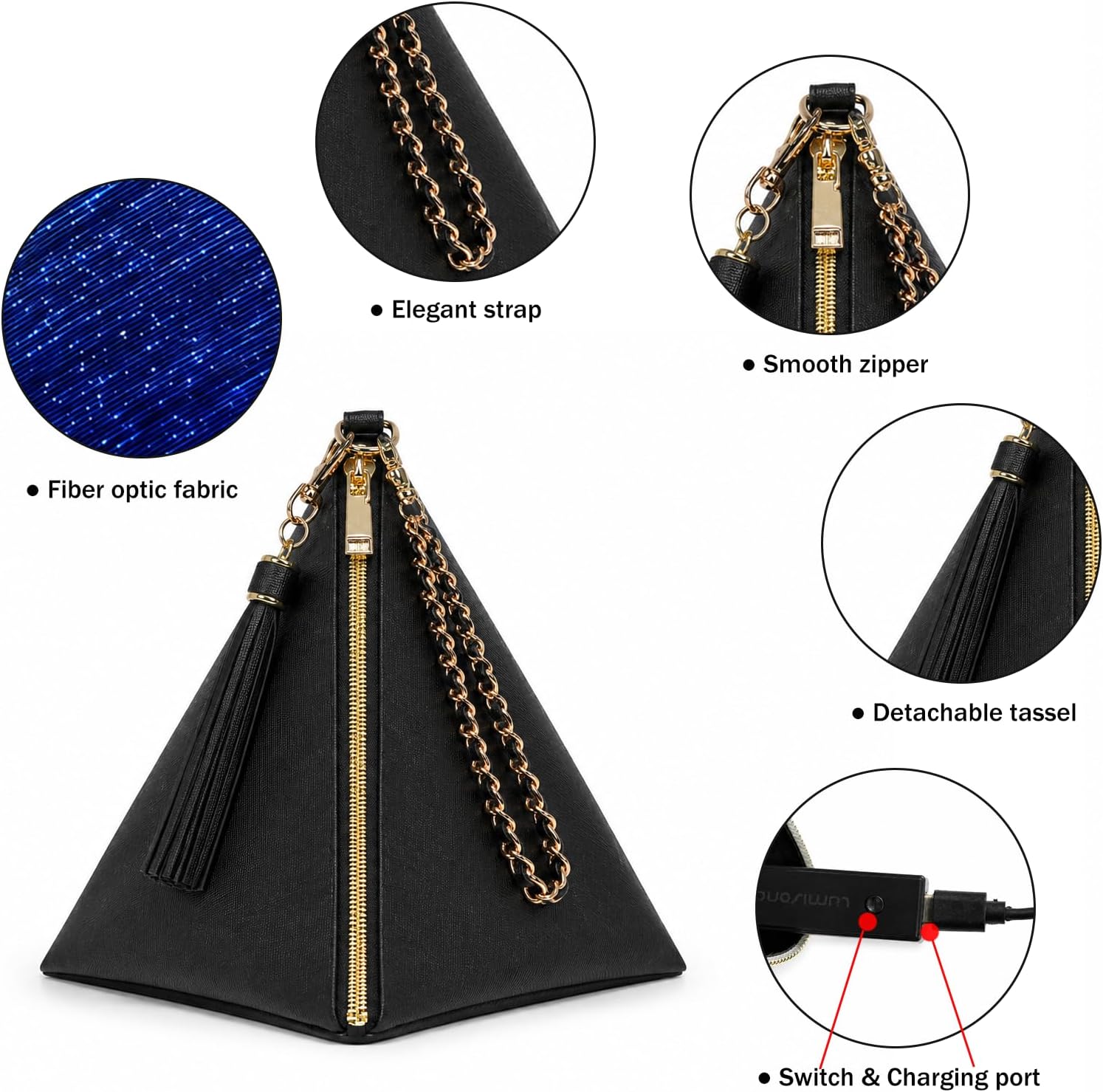 lumisonata LED Wristlet Purses for Women-Rechargeable Light up Triangle Purse with 11 Glow Modes, Evening Clutch Wallet for Rave, Festival, Party, Carnival, Bar, EDM, Disco