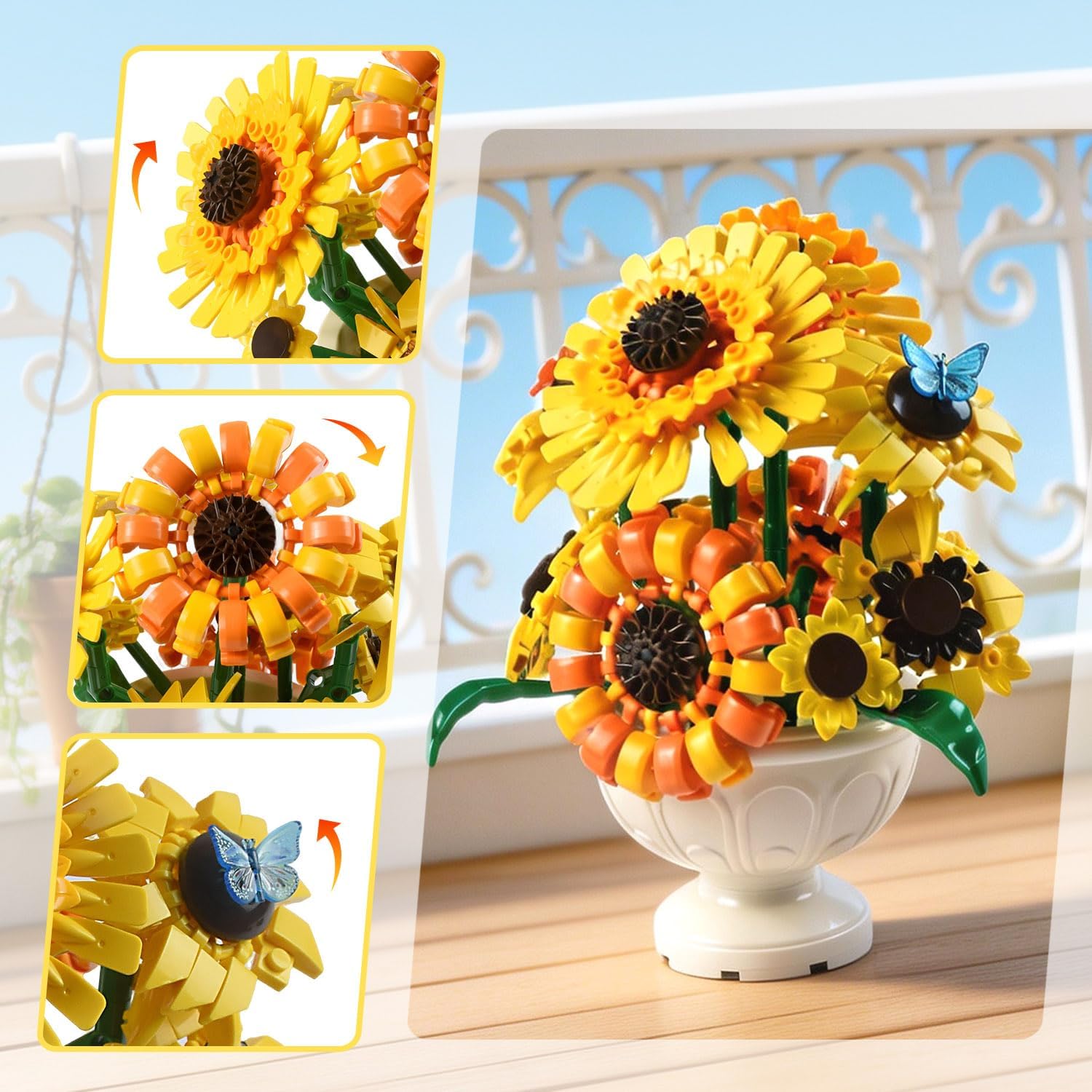 SameTech Sunflower Building Blocks Set with Vase, Botanical Collection Artificial Flowers Table Centerpiece for Adults, Home Office Decor/Valentine/Mother's Day/Thanksgiving/Easter/Birthday Gifts