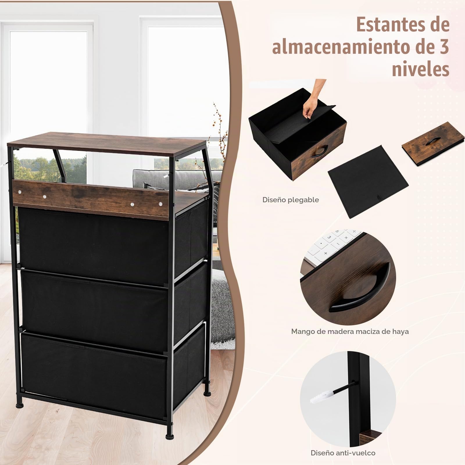 KOMFOTTEU Cómoda con 3 Cajones Plegables de Tela y Estructura Metálica